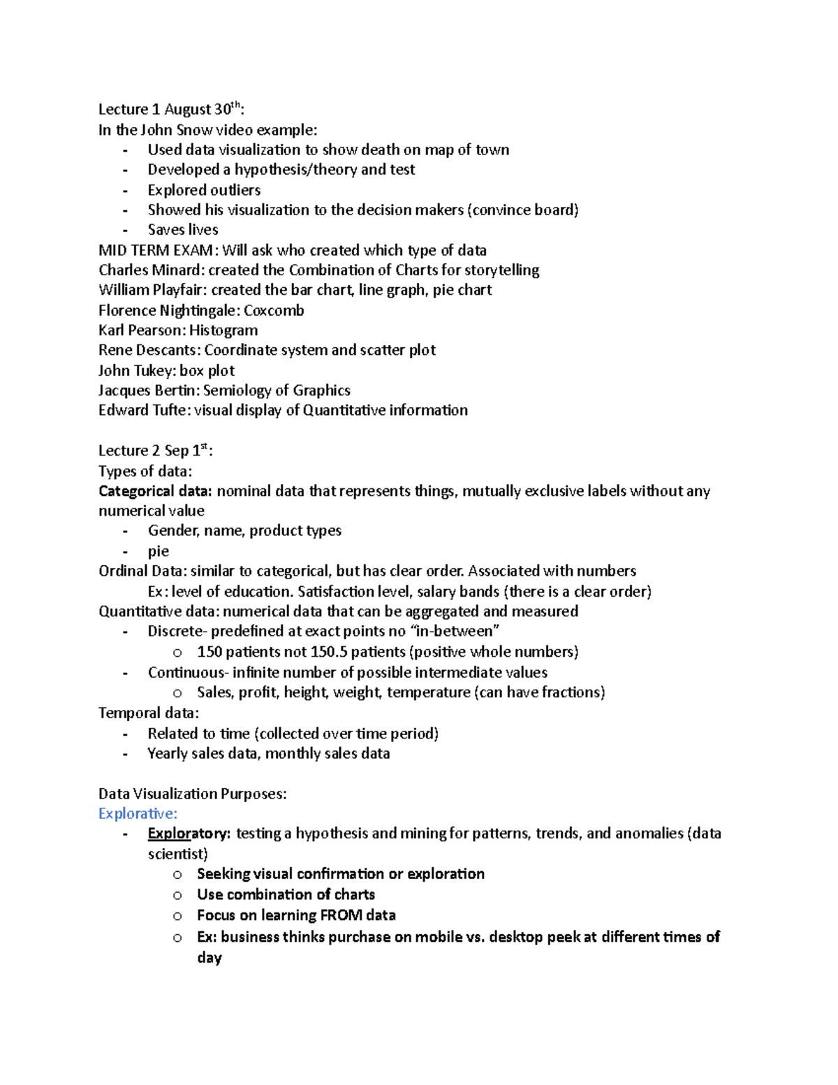 Lecture 1 August 30th - Class notes for data visualization. Professor ...