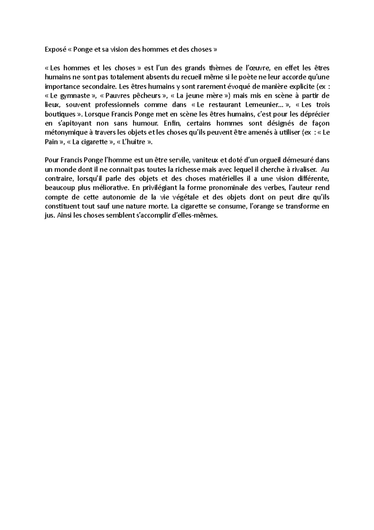 Exposé « Ponge et sa vision des hommes et des choses » - Exposé « Ponge ...
