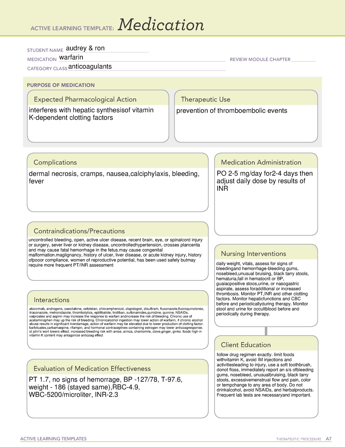 Active Learning Template medication (2) warfarin (2) ACTIVE LEARNING
