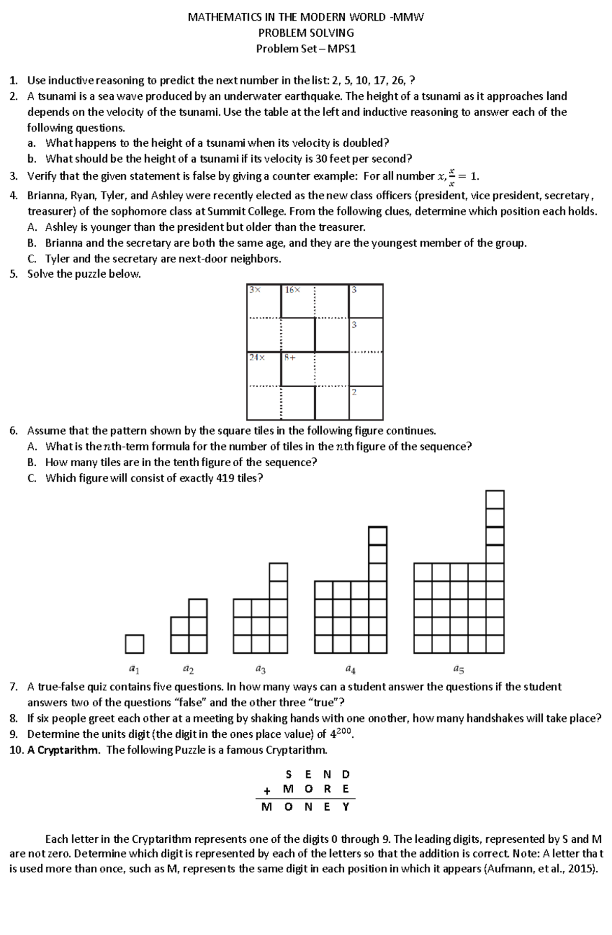 Problem Solving Problem Set - MATHEMATICS IN THE MODERN WORLD -MMW ...