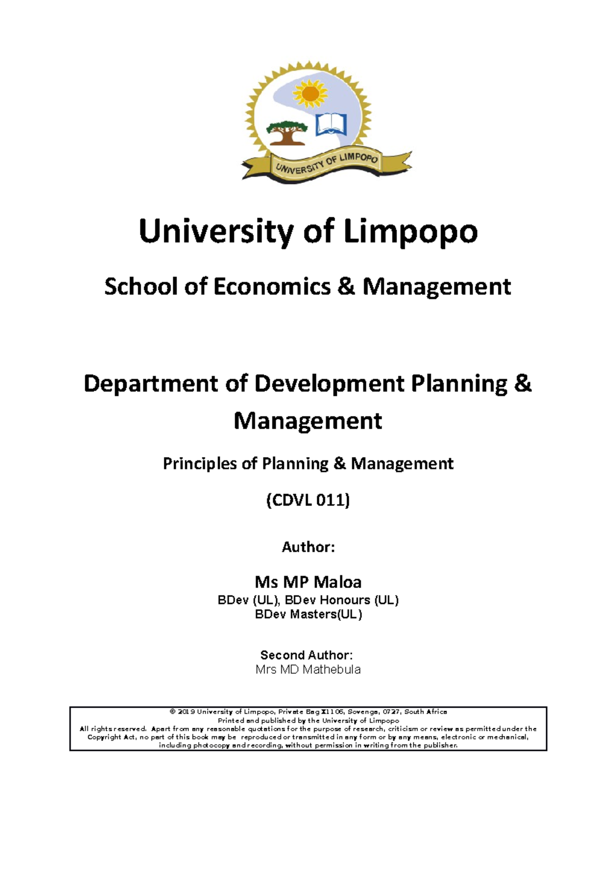 CDVL 011 Learner Guide 2019 - University of Limpopo School of Economics ...