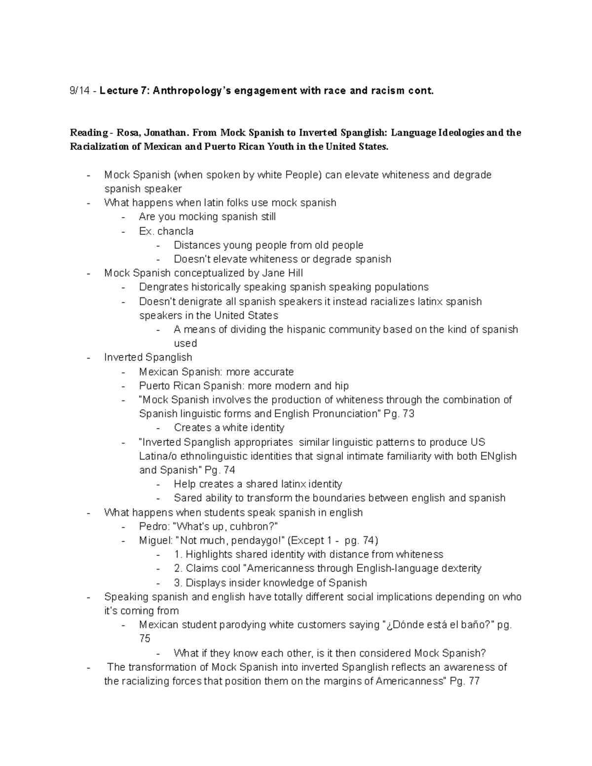 ANTH 201 In class notes - Estrella - 9/14 - Lecture 7: Anthropology’s ...