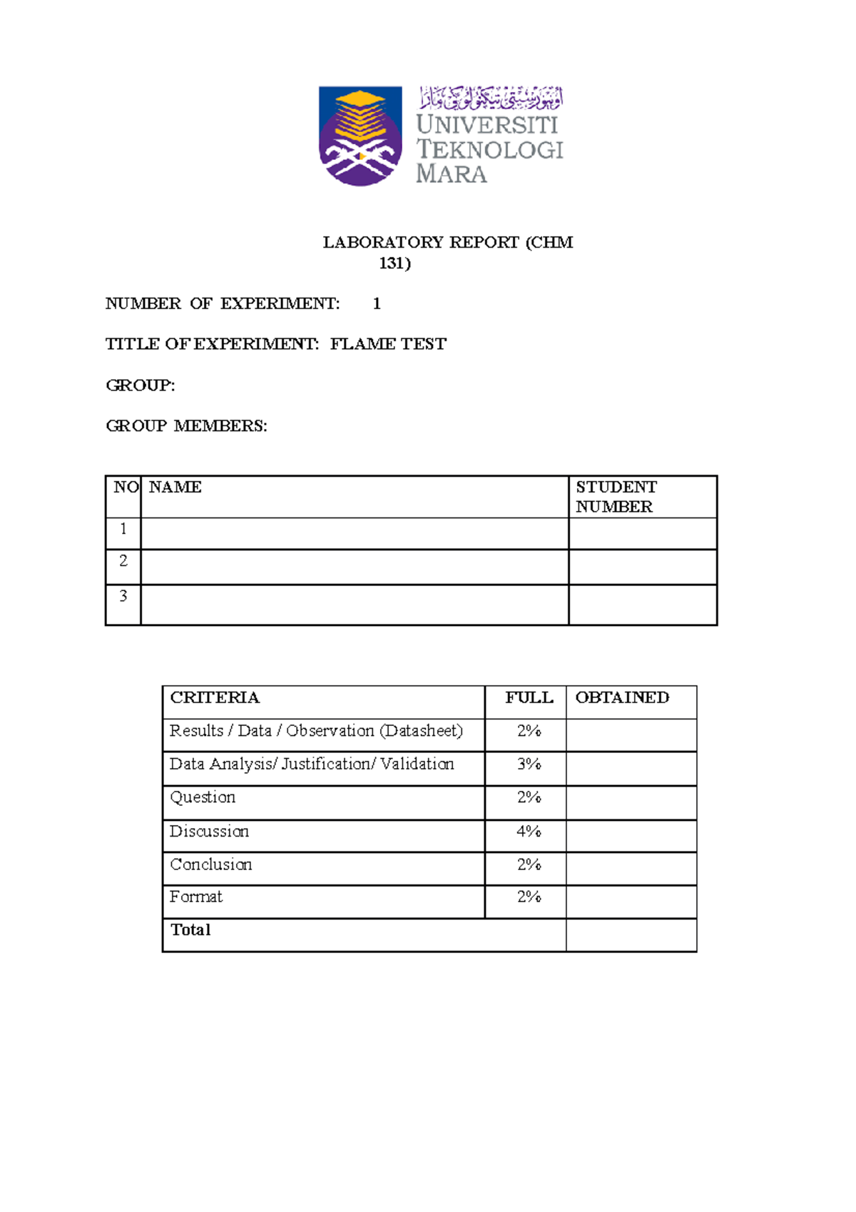 CHM131 Flame TEST - LABORATORY REPORT (CHM 131) NUMBER OF EXPERIMENT: 1 ...