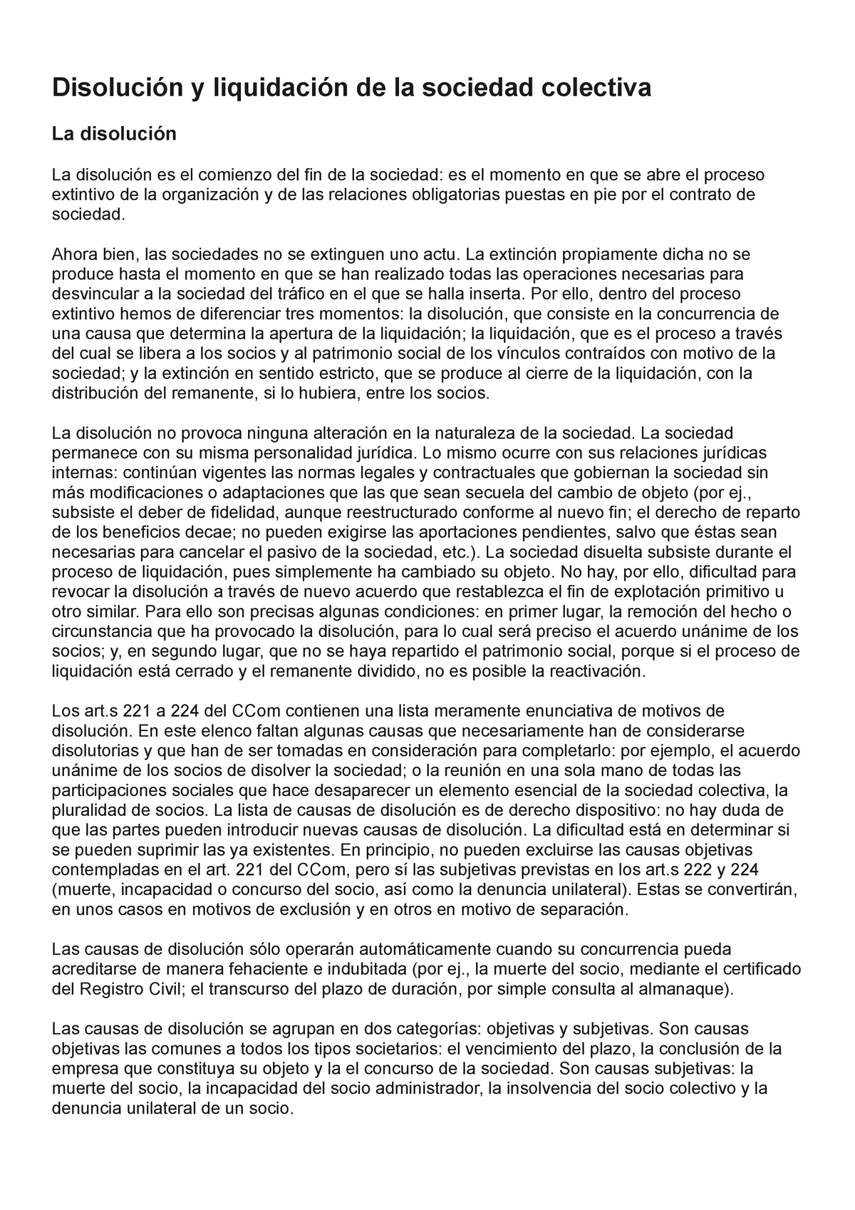 Disolución y liquidación de la sociedad colectiva - Derecho Mercantil -  Disolución y liquidación de - Studocu