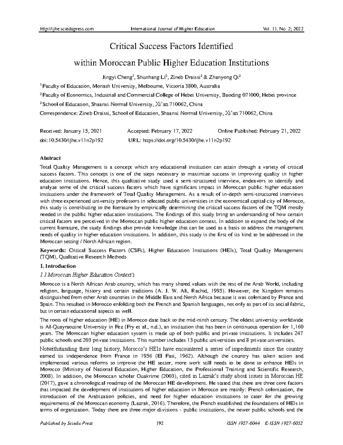 Critical Success Factors Identified within Morocca - 5430/ijhe URL: doi ...