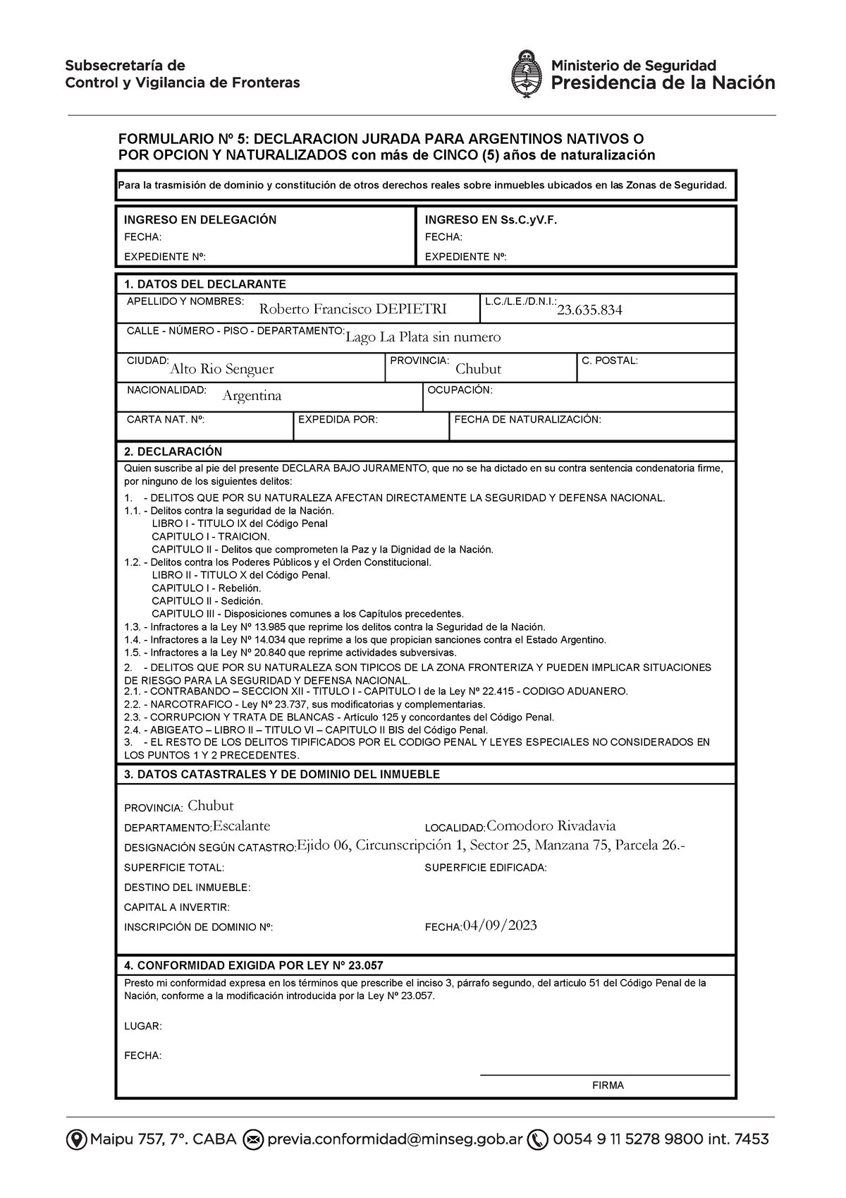 20 1 8 SSCy VF PC Formulario-5 - FORMULARIO N∫ 5: DECLARACI”N JURADA ...