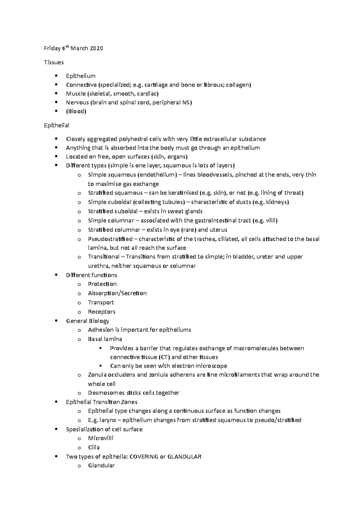 Wk 1 CAAP Notes - Friday 6th March 2020 Tissues Epithelium Connective ...