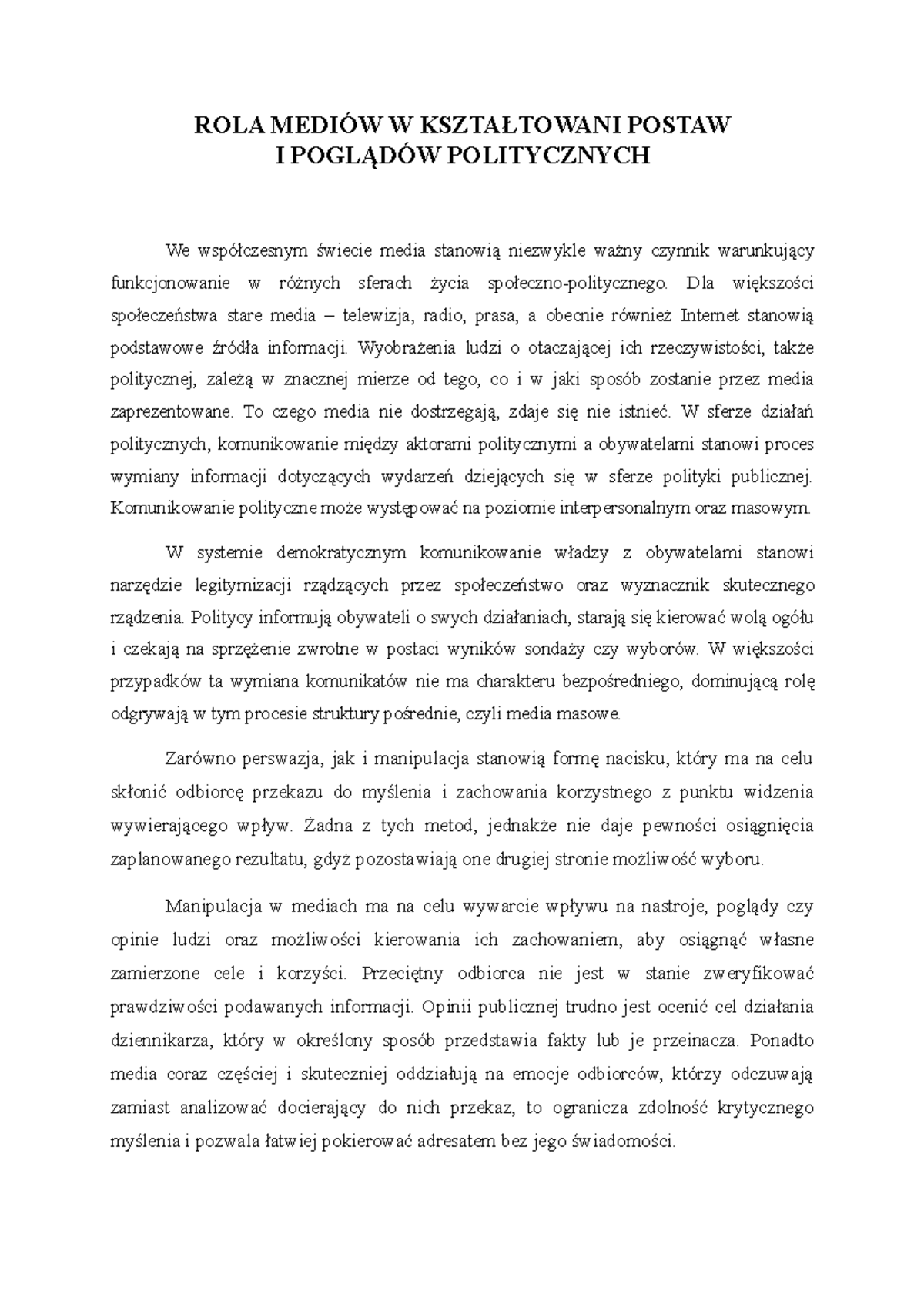 Syste Polityczny PAŃSTWA Egzamin - ROLA MEDIÓW W KSZTAŁTOWANI POSTAW I