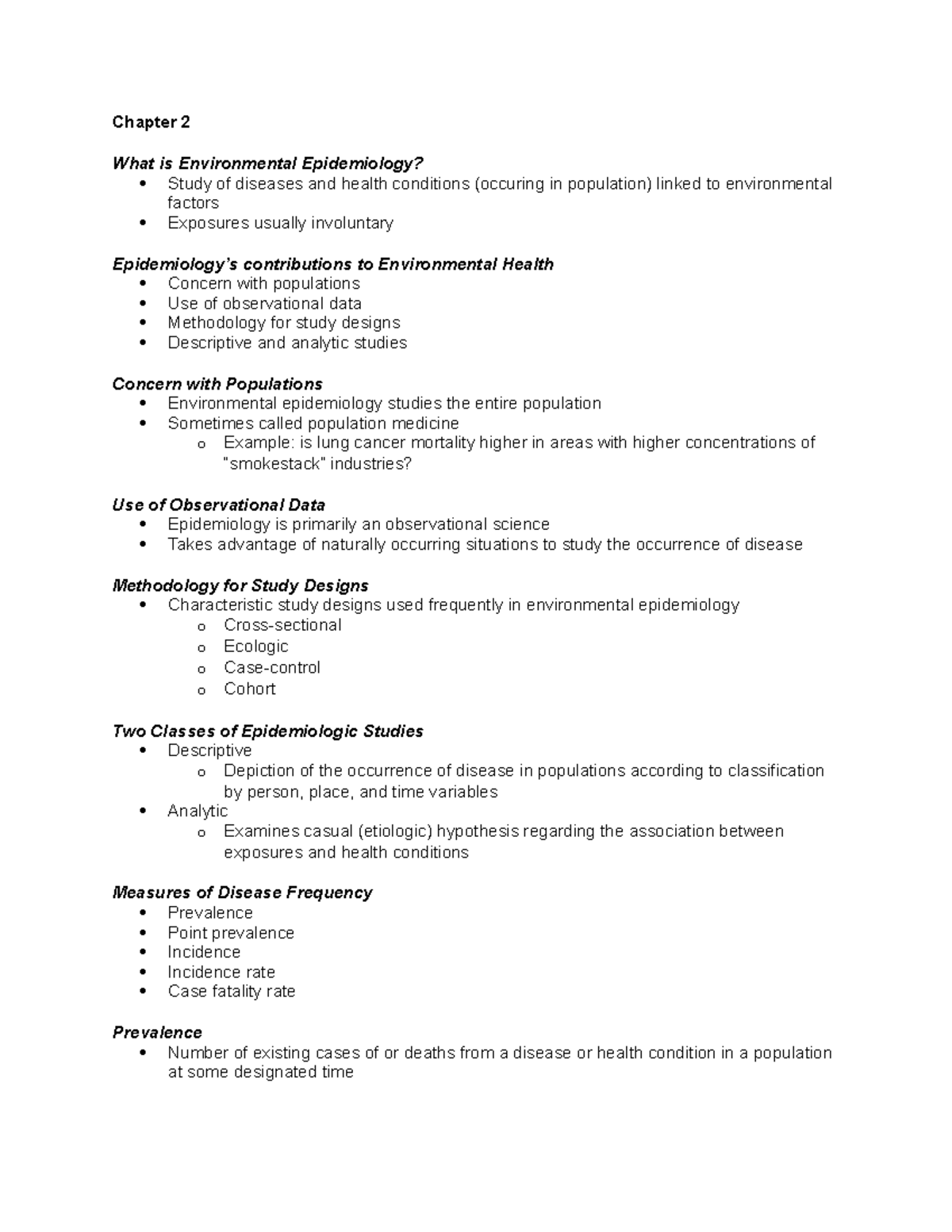 Chapter 2 Notes - Chapter 2 What is Environmental Epidemiology? Study ...