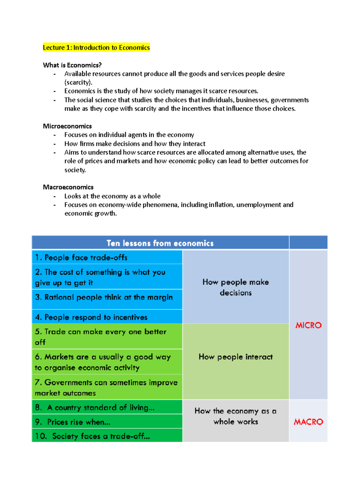 Economics Notes Lectures 1-4 - Lecture 1: Introduction To Economics ...