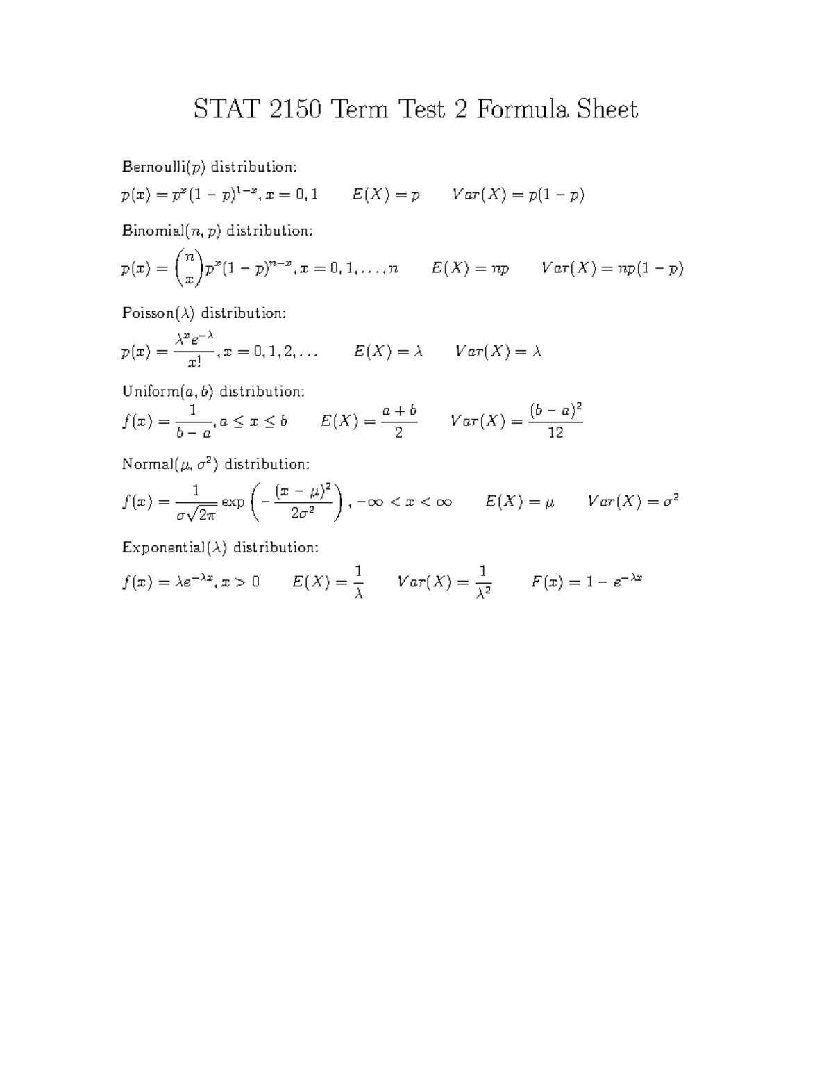 STAT 2150 Term Test 2 Formula Sheet - STAT 2150 Term Test 2 Formula ...