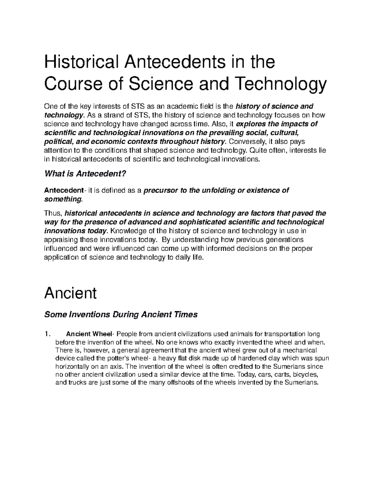 Historical Antecedents in the Course of Science and Technology 