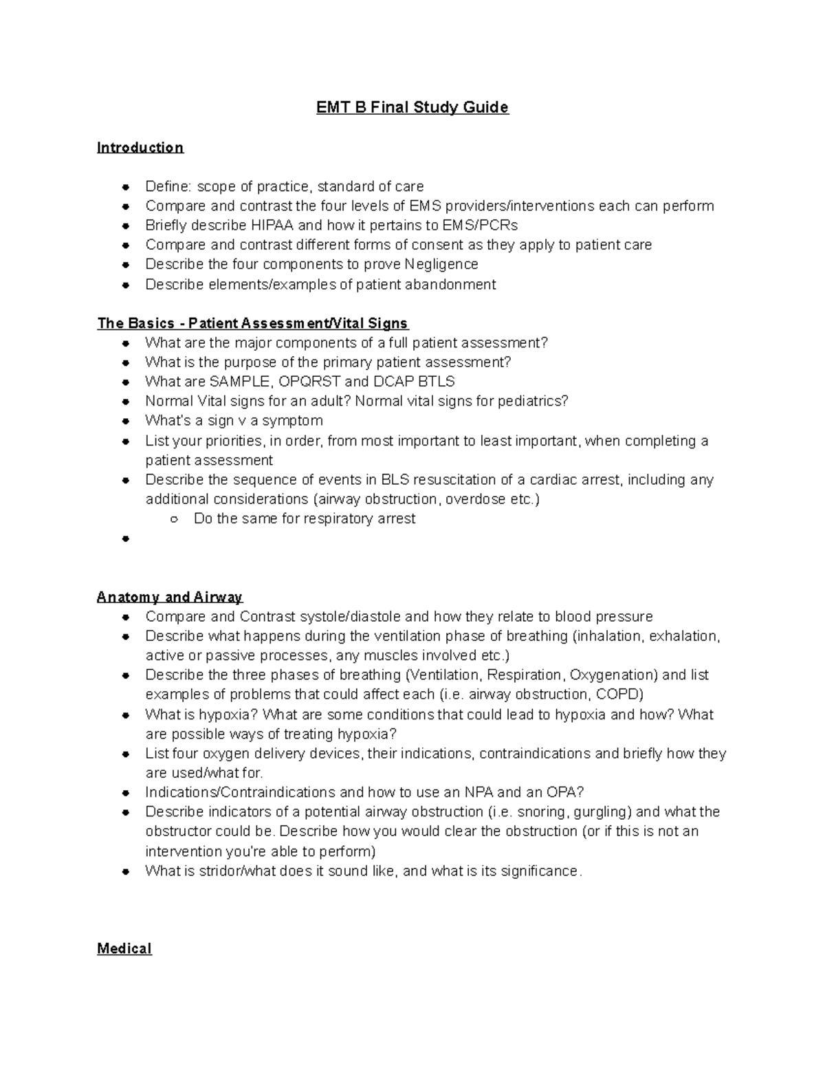 Final Study Guide (2) - EMT B Final Study Guide Introduction Define ...