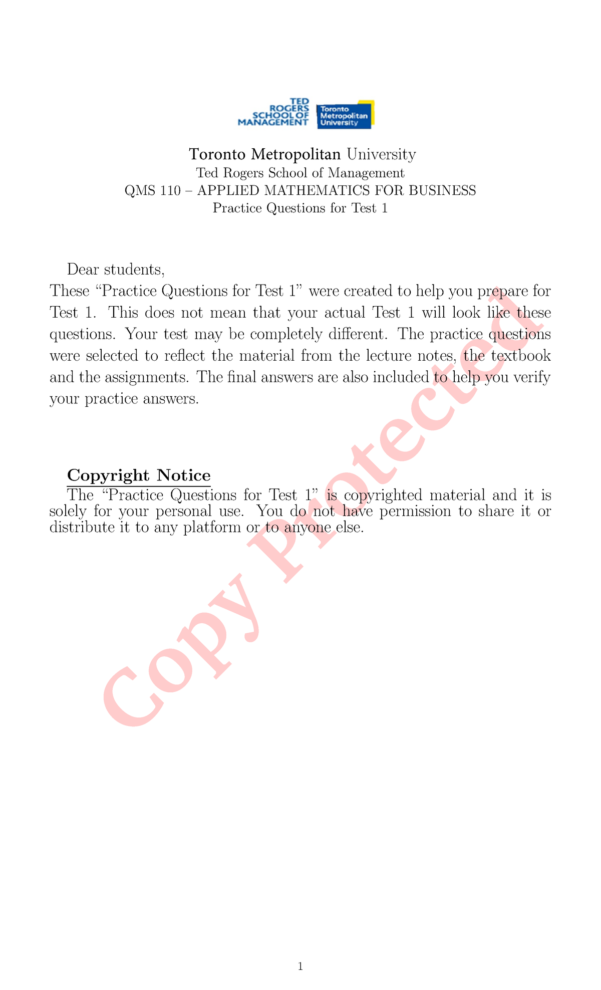QMS110- Practice Questions For Test 1 - Copy Protected Toronto ...