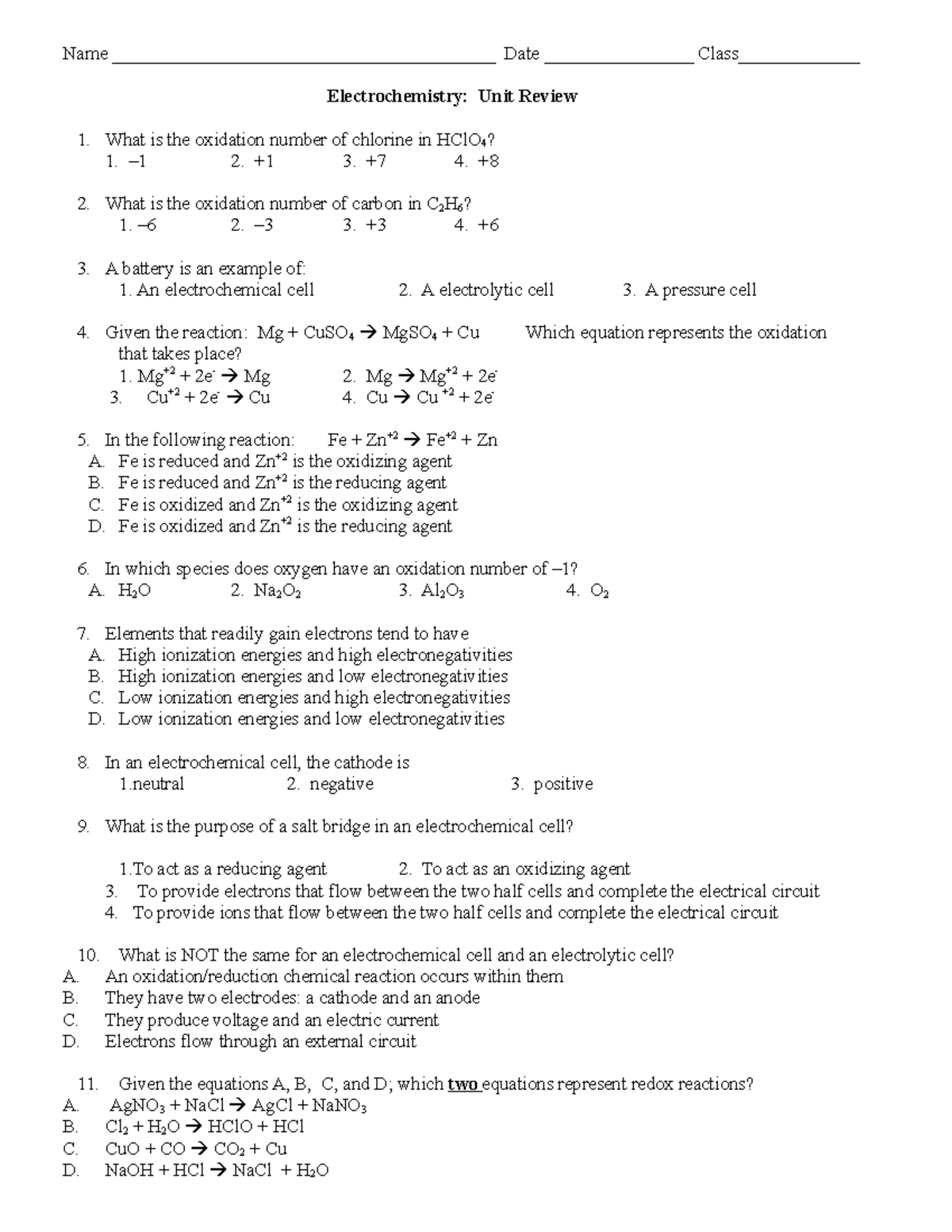 Electrochemistry unit review - answer key - Name