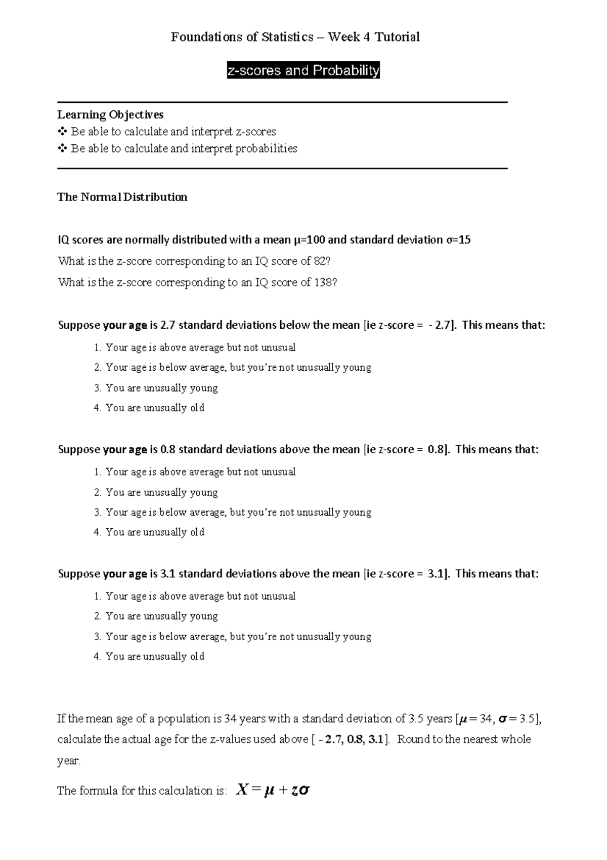 STA10003 Week 4 Tutorial Handout - Foundations Of Statistics – Week 4 ...