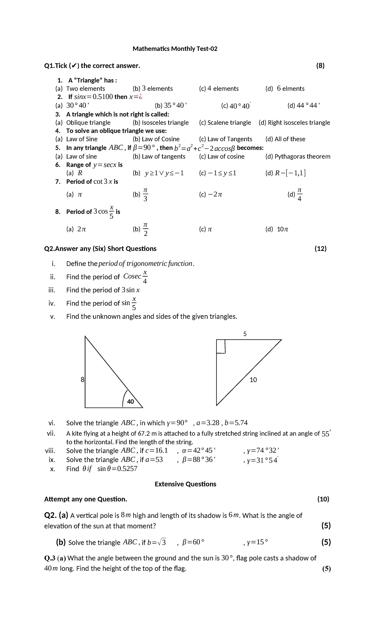 Monthly Test-02 - Mathematics Monthly Test- Q1 ( ) The Correct Answer 