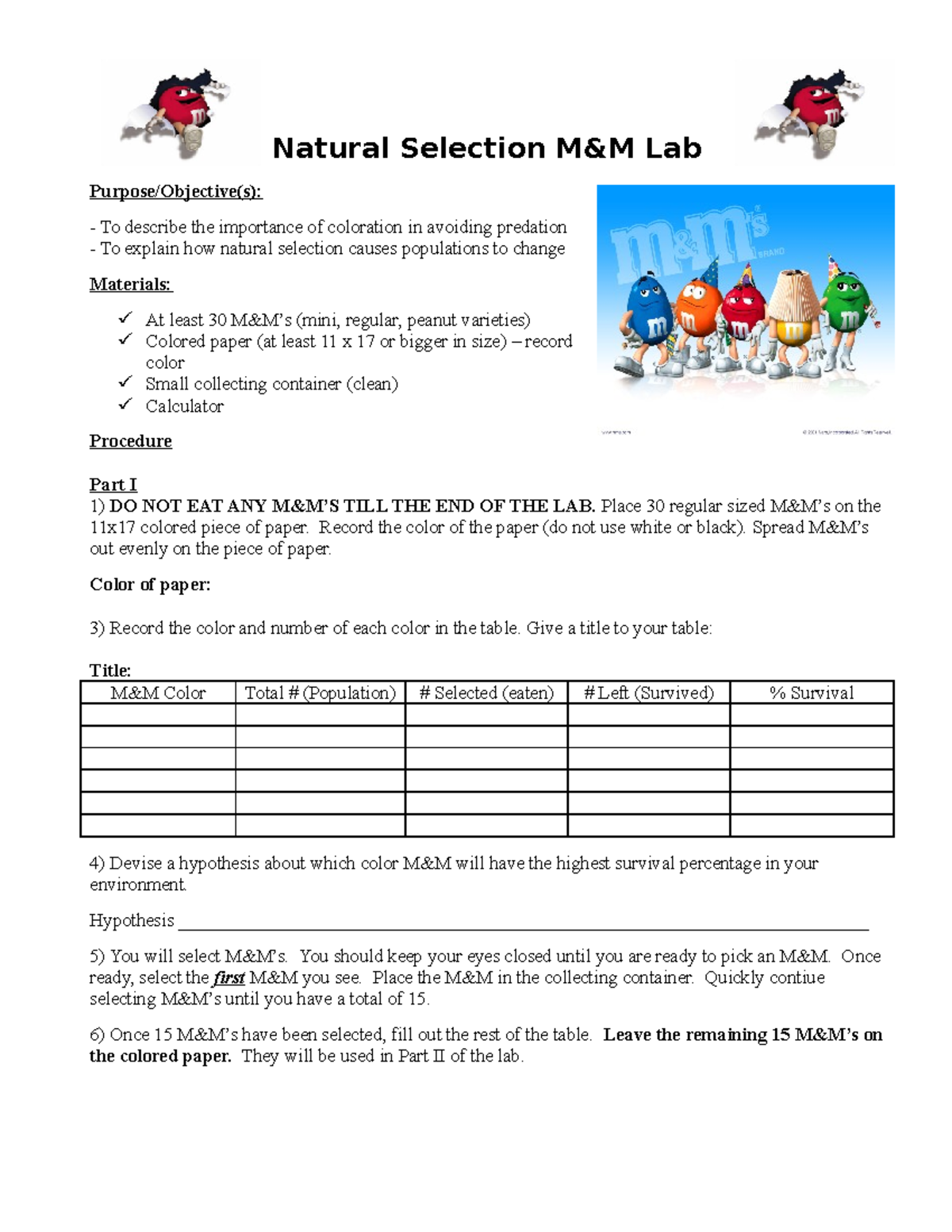 Natural Selection M And M Lab Studocu