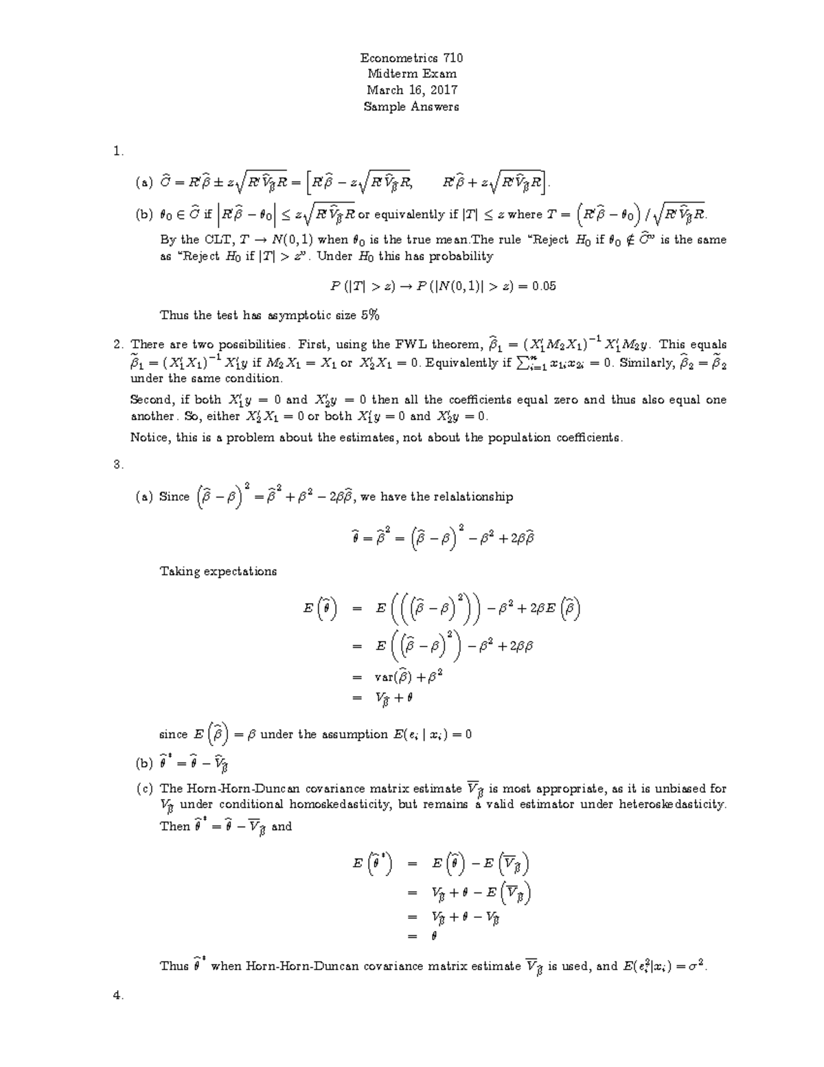 Mid 2017 a - Answer sheet - Econometrics 710 Midterm Exam March 16 ...