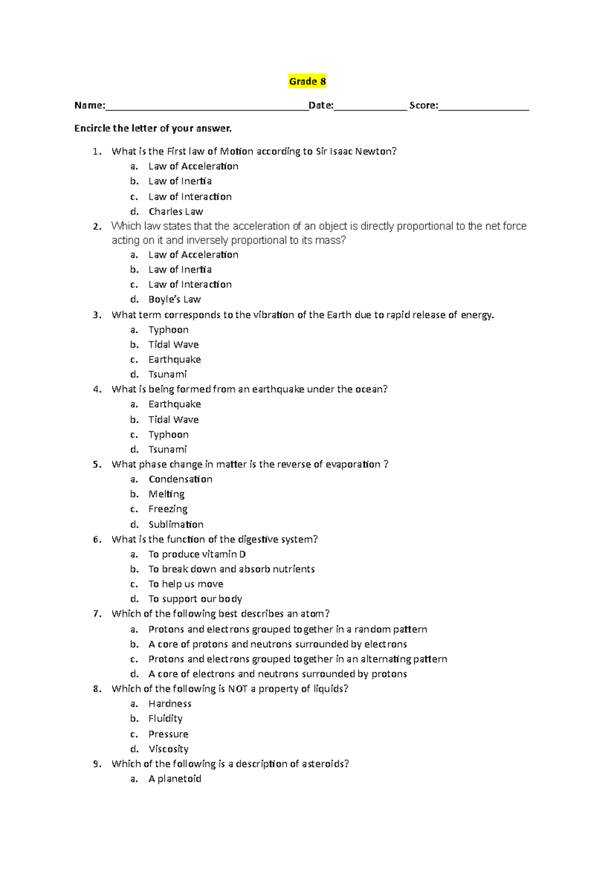 Grade 8 Summative Test Can Be Use From 1st To 4th Quarter Grade 8 