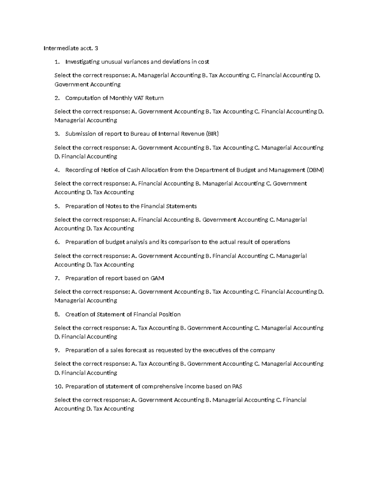 Intermediate accounting quiz ans act - Intermediate acct. 3 1 ...