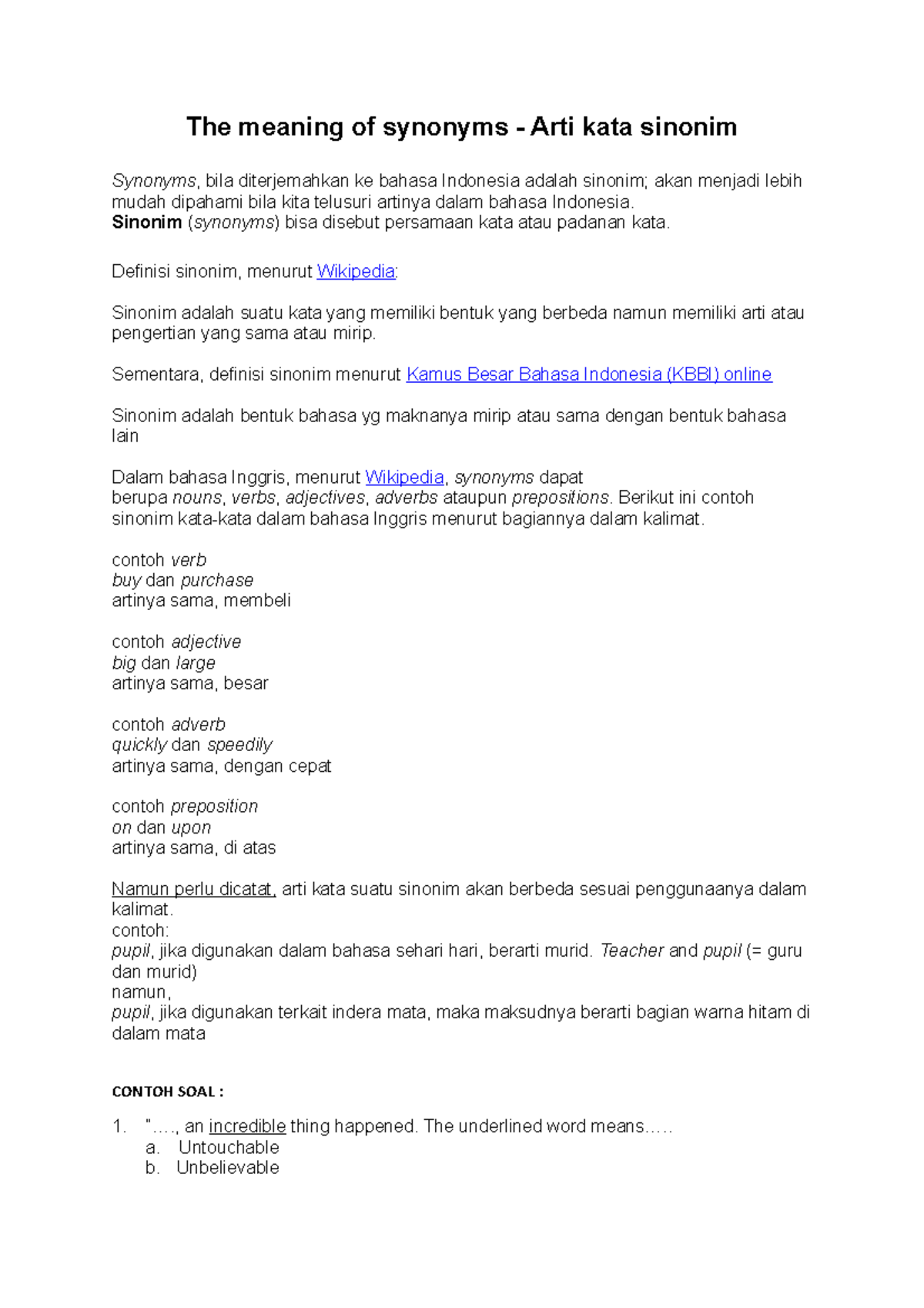 Arti kata sinonim The meaning of synonyms Arti kata sinonim