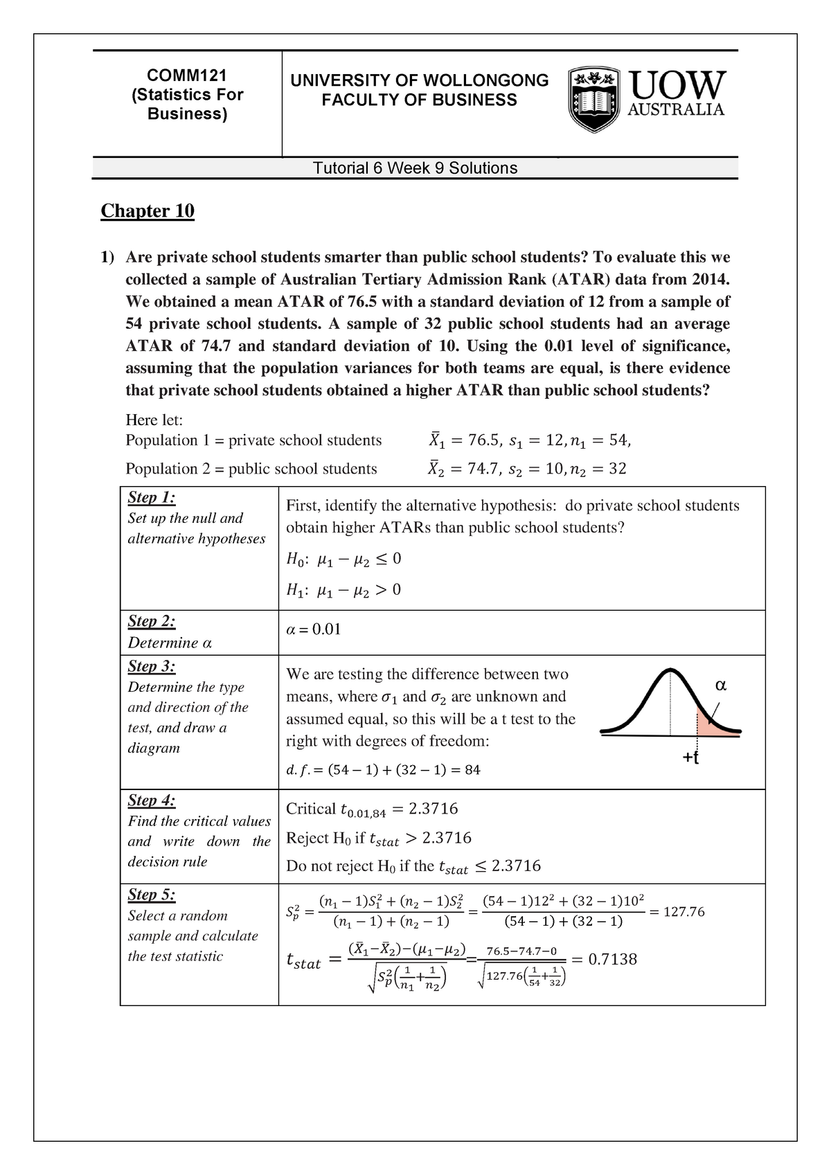 Chap10 Solutions COMM121 - COMM (Statistics For Business) UNIVERSITY OF ...