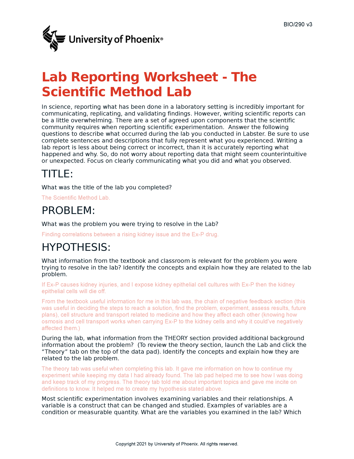 Scientific method lab report - BIO/290 v Lab Reporting Worksheet - The  Scientific Method Lab In - Studocu