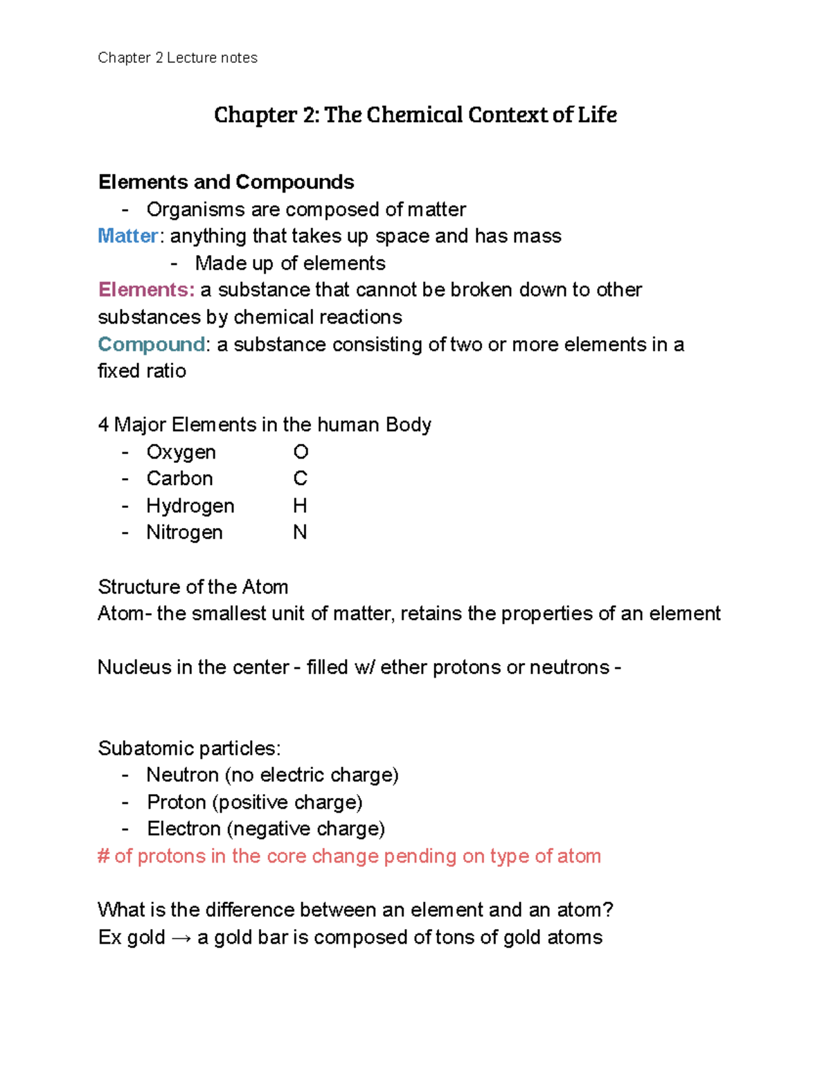Chapter 2 lecture Chapter 2 The Chemical Context of Life Elements