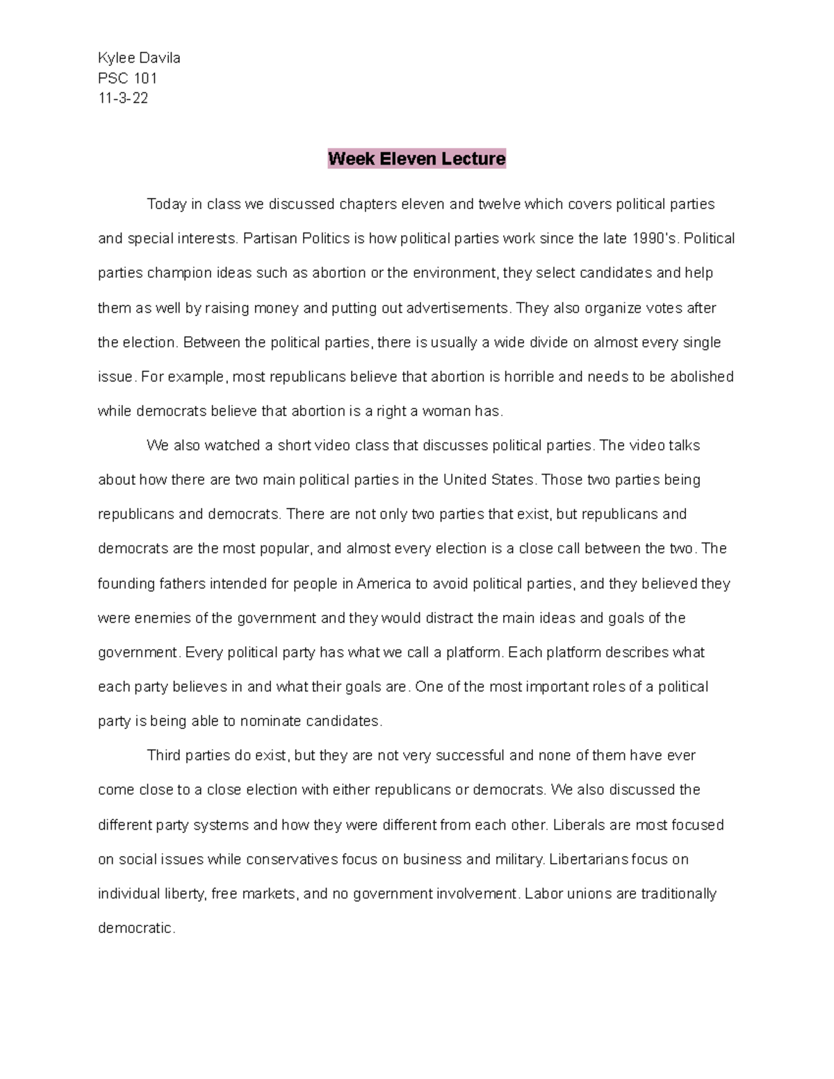 PSC Week 10 Notes - Kylee Davila PSC 101 11-3- Week Eleven Lecture ...