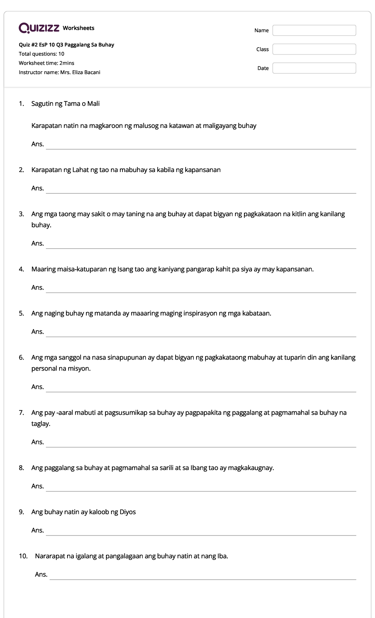 Quiz 2 Es P 10 Q3 Paggalang Sa Buhay Quizizz Worksheets Quiz 2 Esp