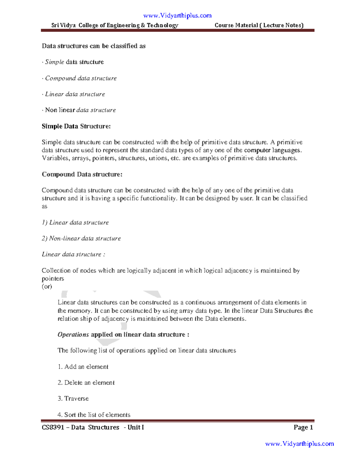 DS 1 - Lecture notes 1 - Sri Vidya College of Engineering & Technology ...