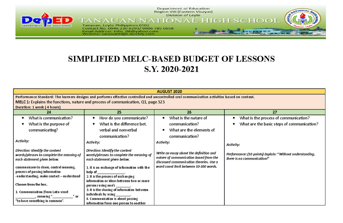 Budget Of Lesson G11 Oral Com Simplified Melc Based Budget Of Lessons S 2020 August 2020 5962