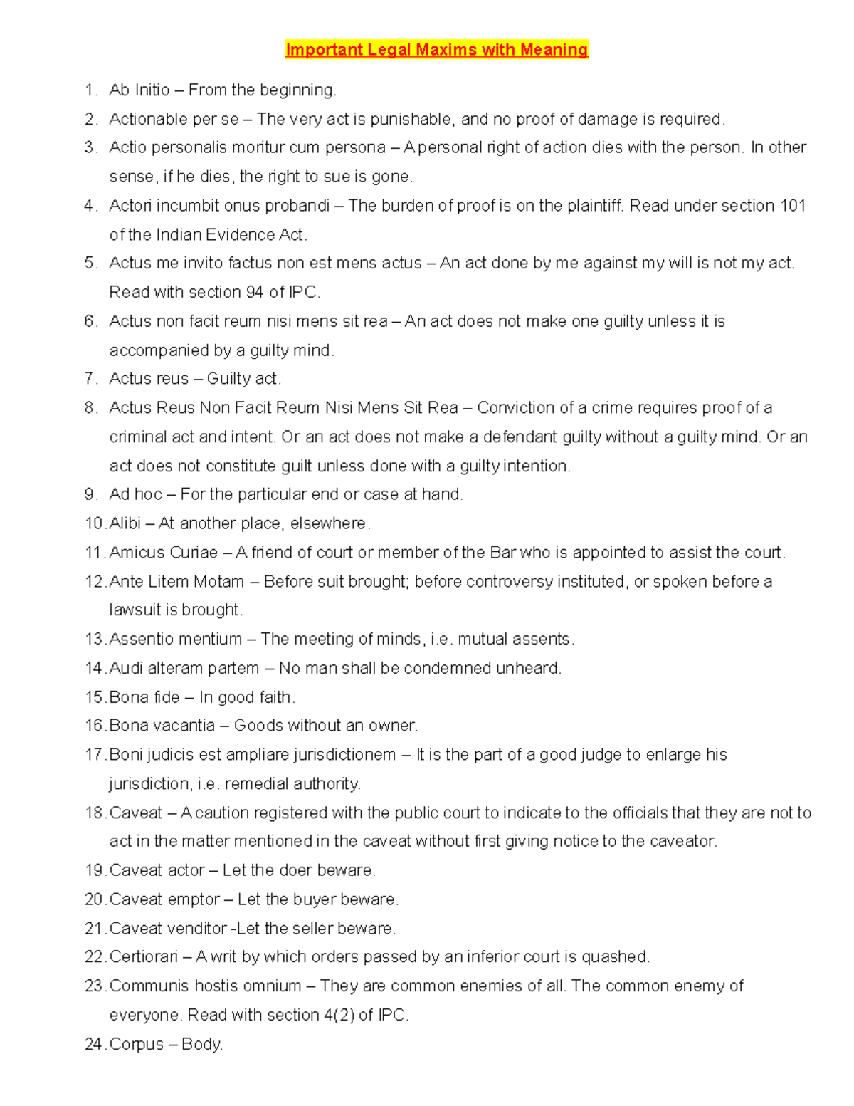 Important Legal Maxims with Their Easy Meaning Important Legal Maxims