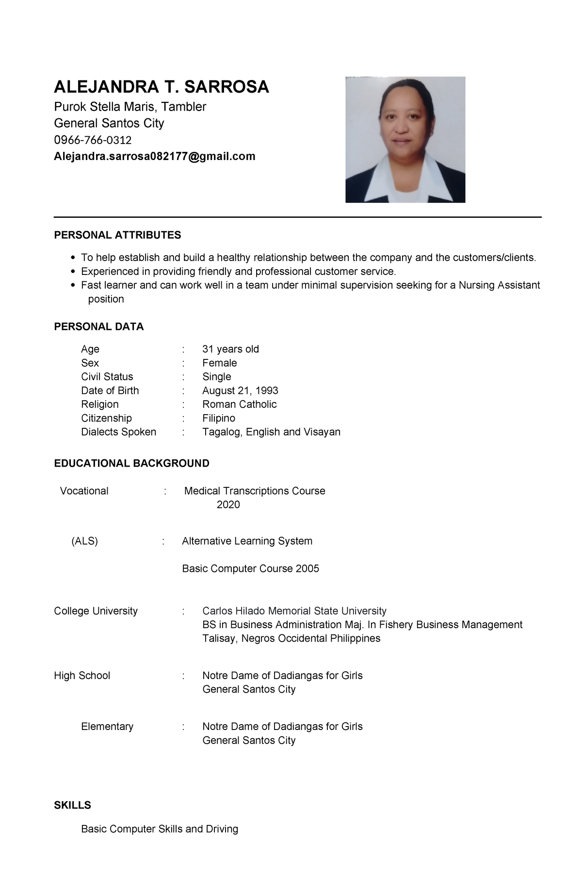 Resume - lily - ALEJANDRA T. SARROSA Purok Stella Maris, Tambler ...