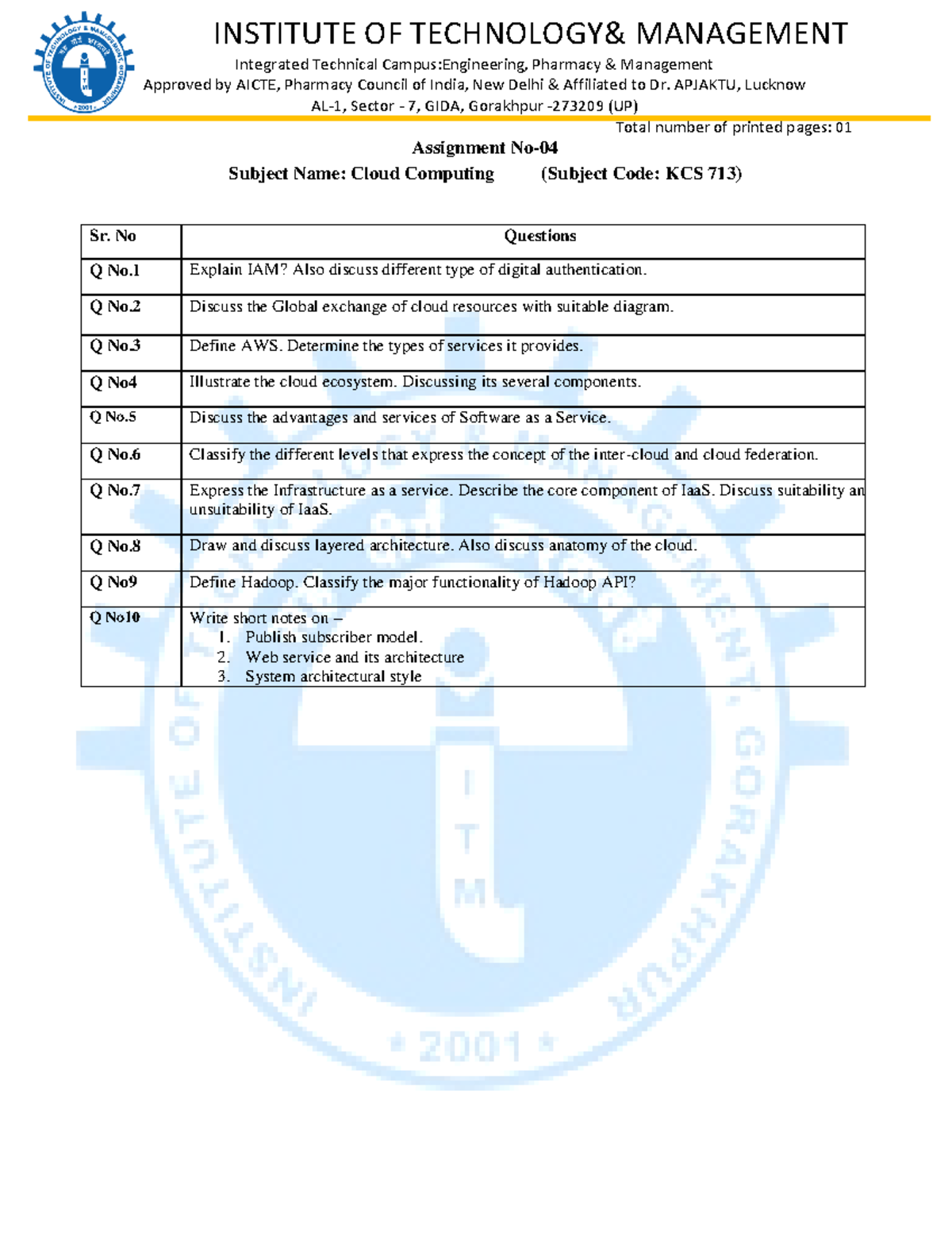 Assignment 5 - INSTITUTE OF TECHNOLOGY& MANAGEMENT Integrated Technical ...