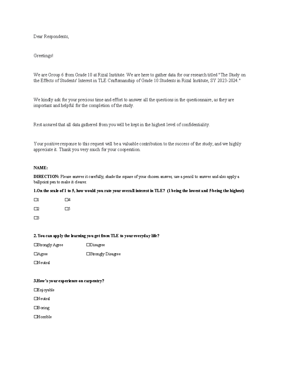 Thesis-Questionnaires - Dear Respondents, Greetings! We are Group 6 ...