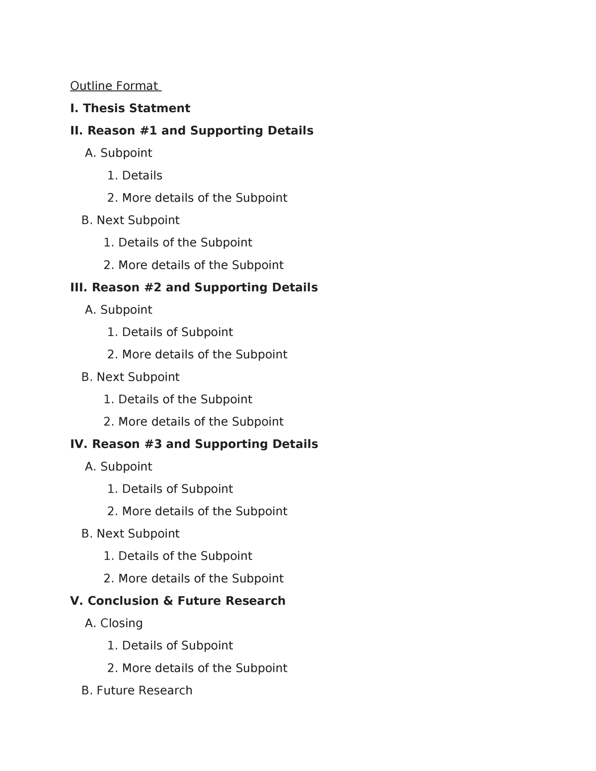 Outline Format - Thesis Statment II. Reason #1 and Supporting Details A ...