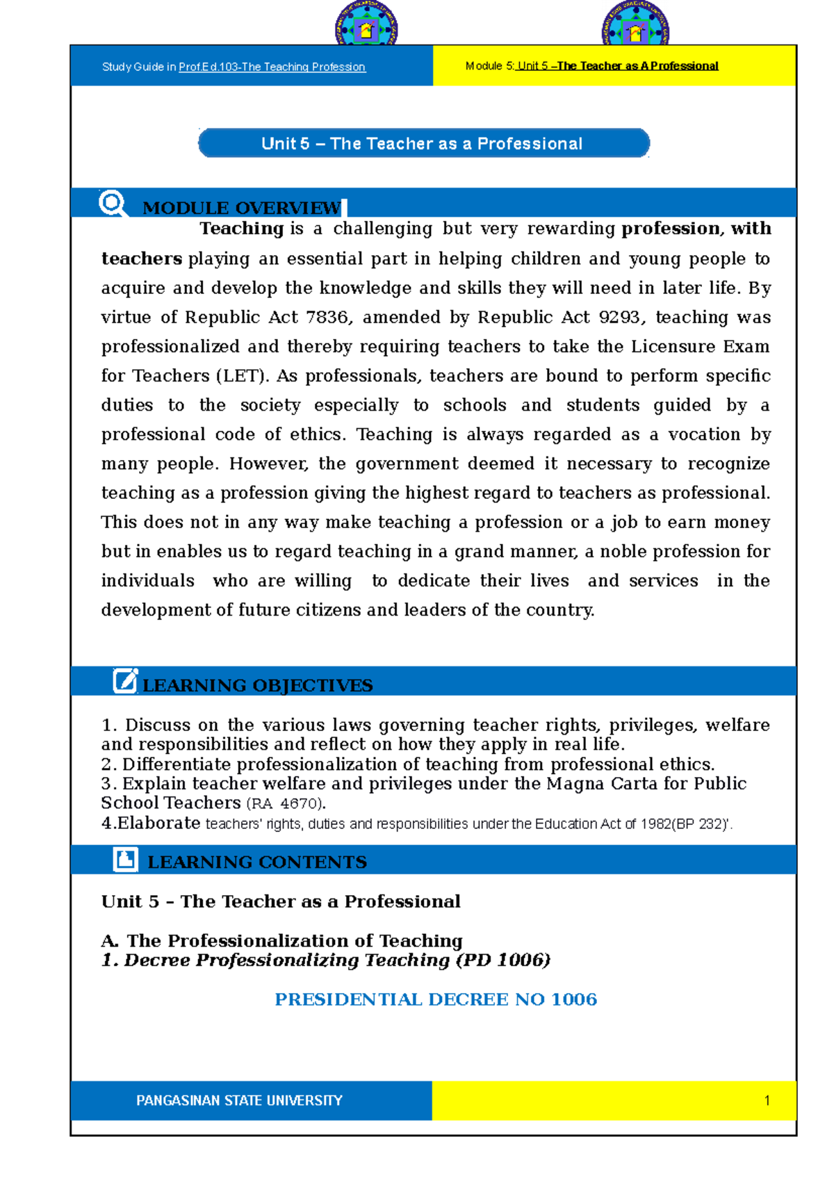 Module 5 the teaching profession - MODULE OVERVIEW Teaching is a ...