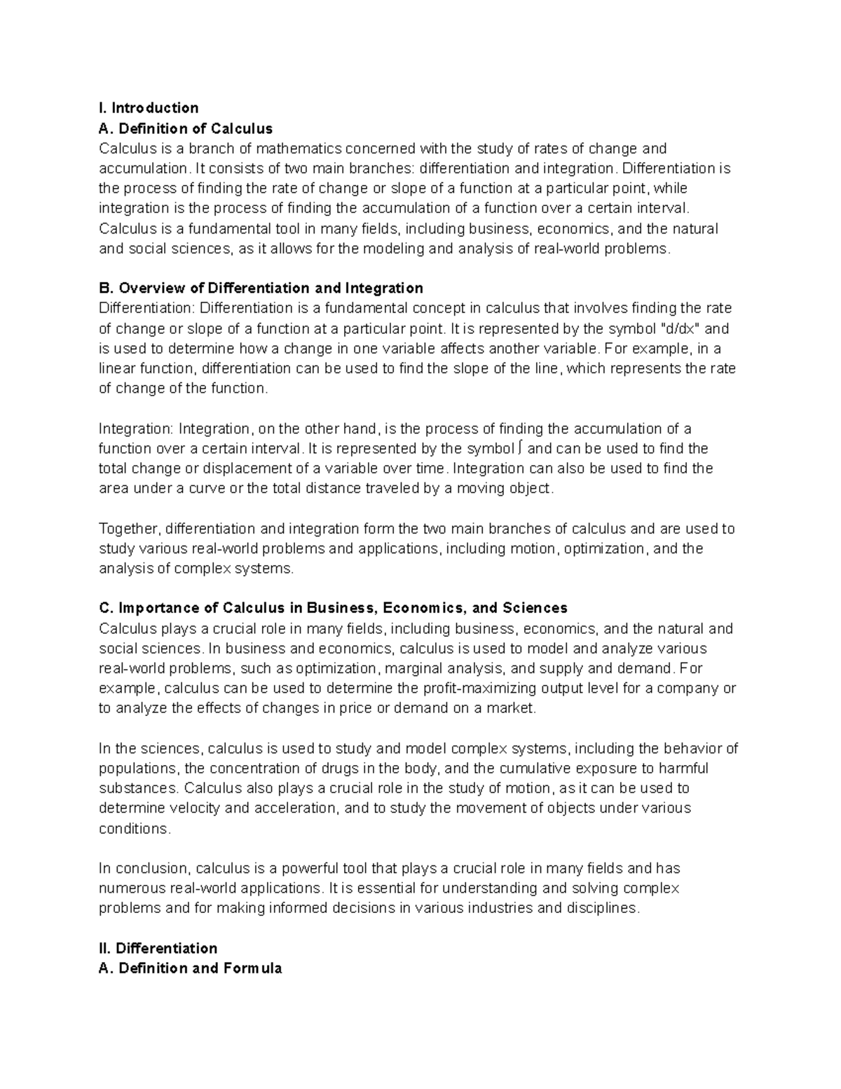 MAT263 Brief Calculus Notes I. Introduction A. Definition of