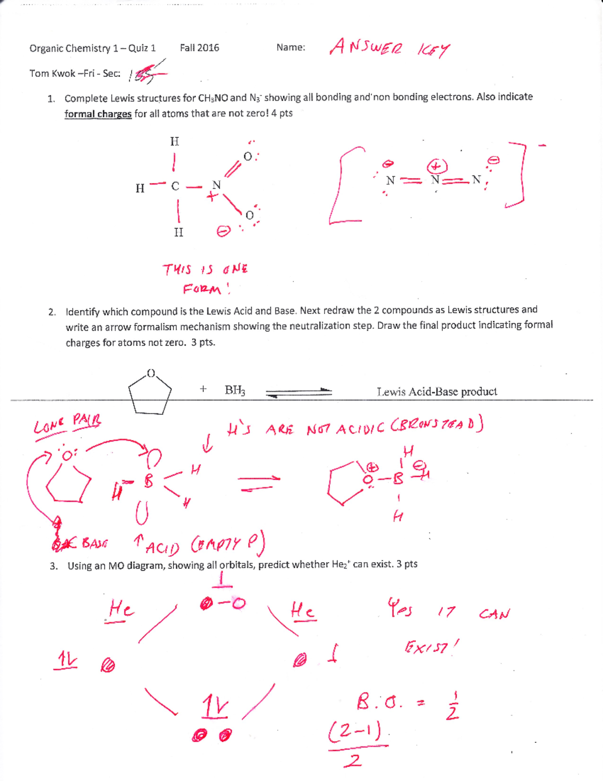 Quiz 1 Answer Key - Quiz - Organic Chemistry 1 Quiz 1 Fall 2016 Name: A ...