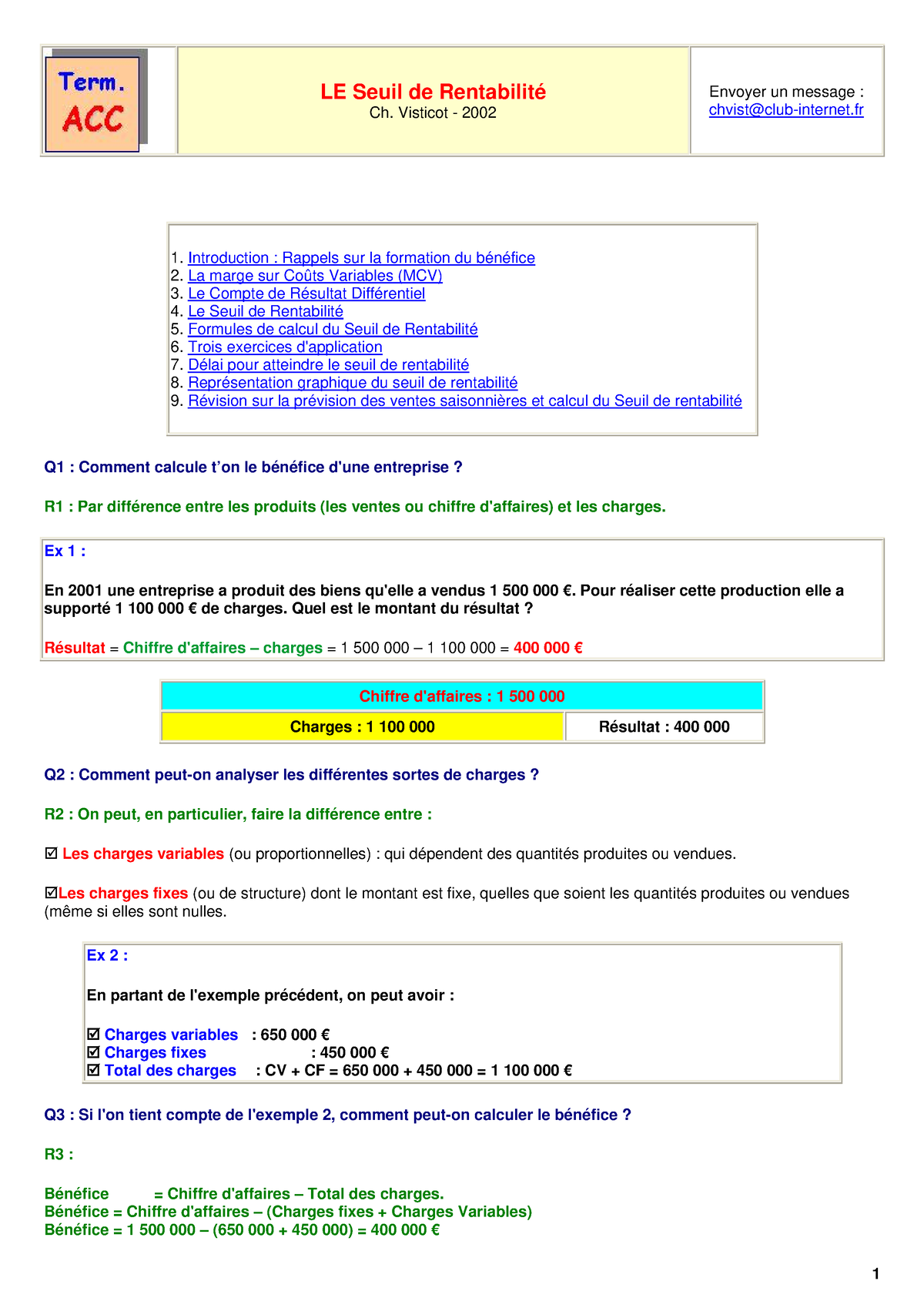 Seuil De Rentabilite Exercices 03 - LE Seuil De Rentabilité Ch ...