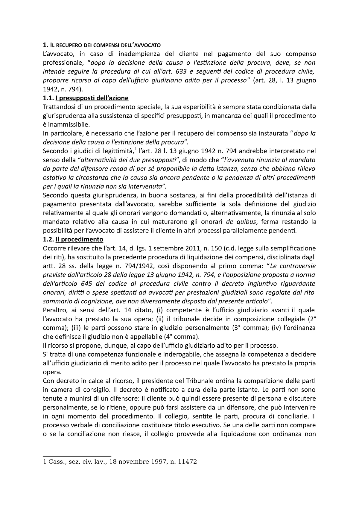 Memorandum Appunti 1 Il Recupero Dei Compensi Dellavvocato L