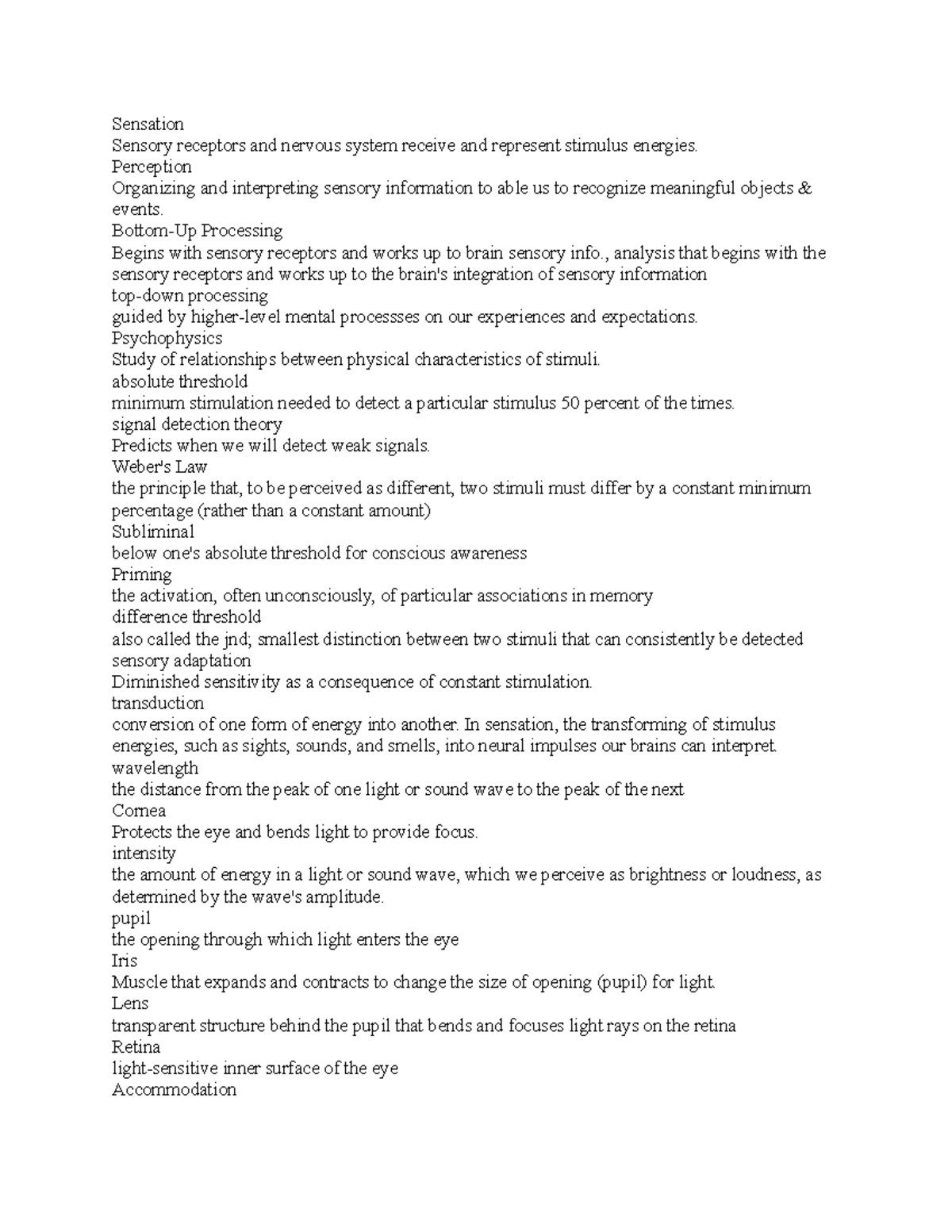 P 8 - notes and study guide - Sensation Sensory receptors and nervous ...