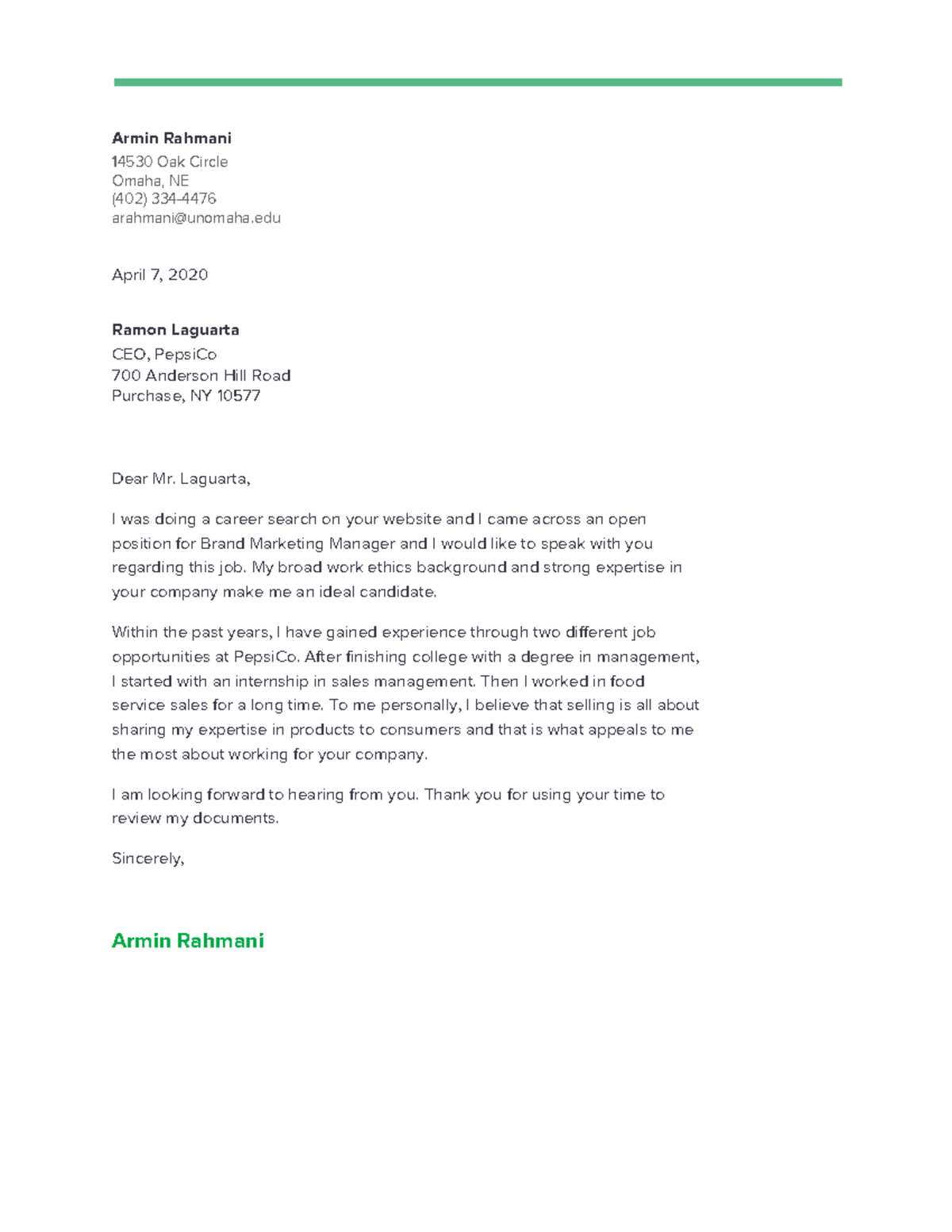 Sample Cover Letter - Armin Rahmani 14530 Oak Circle Omaha, NE (402 ...