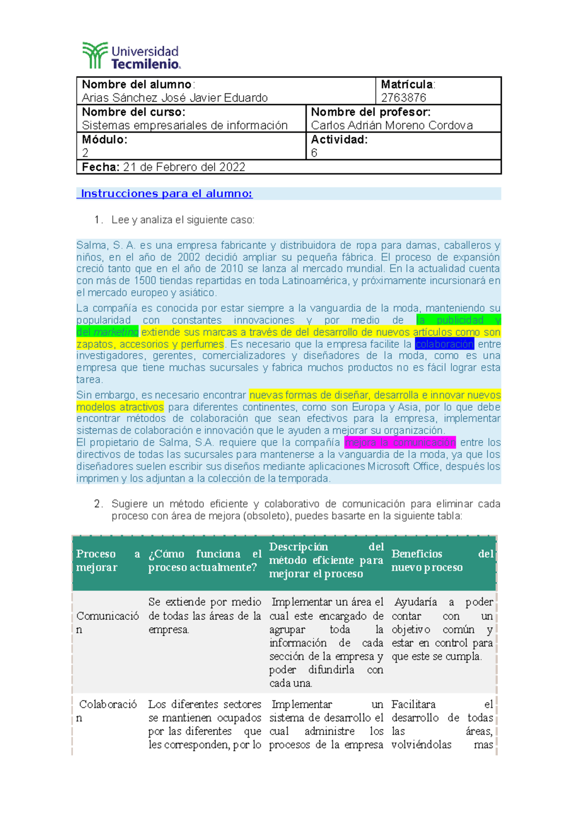 Act6SE - Actividad Sistemas Empresariales De Información - Nombre Del ...