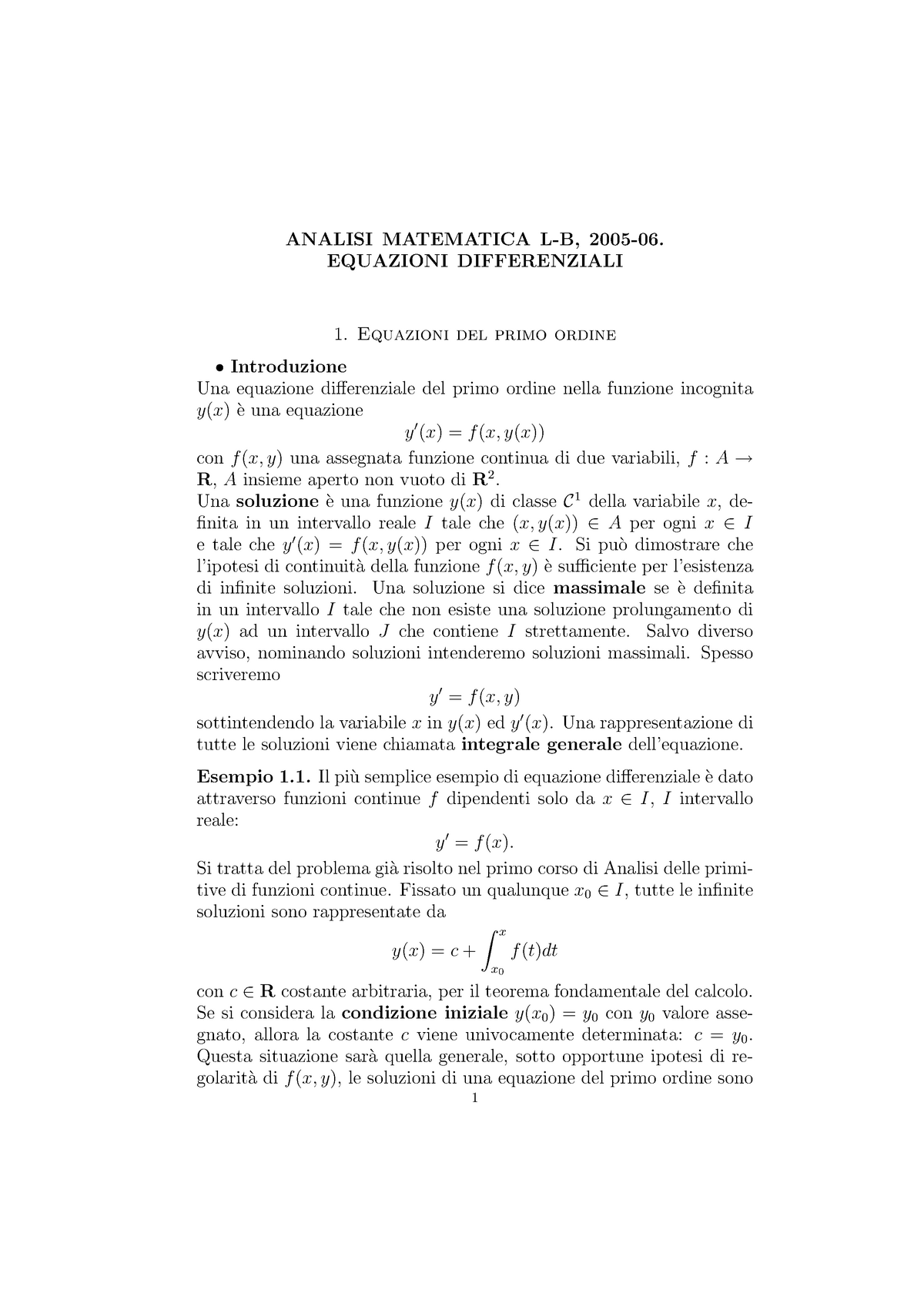 Appunti - Lezione 1 - Equazioni Differenziali - Analisi Matematica L-b ...