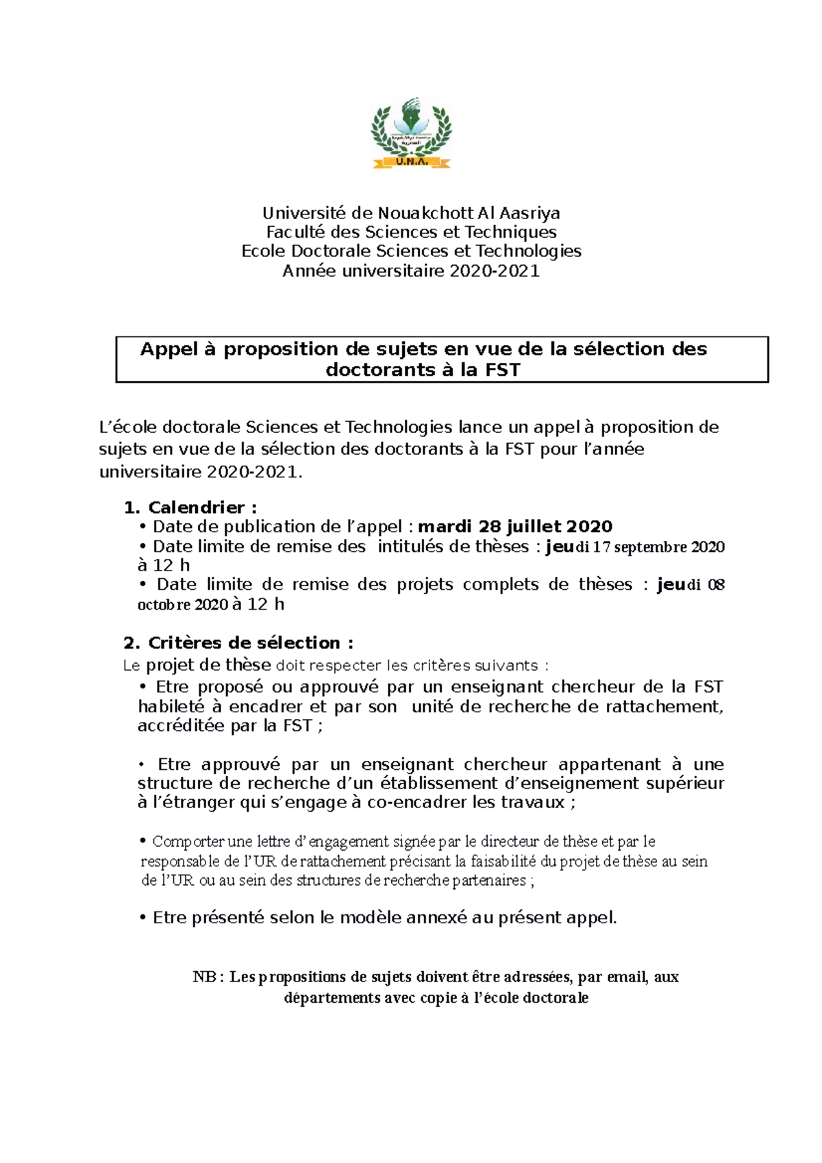 Appel à proposition de sujets 2021 DV Université de Nouakchott Al