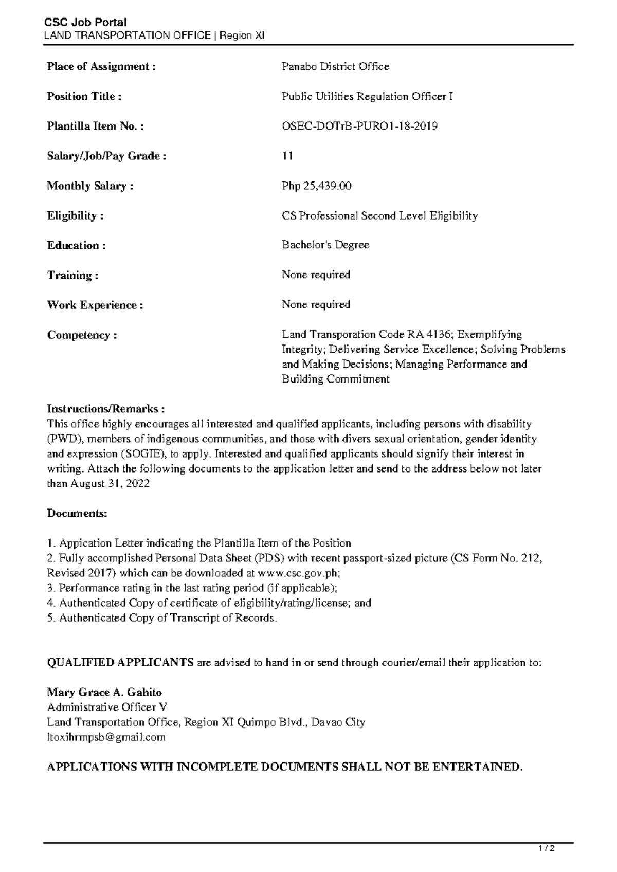 LAND Transportation OfficePublic Utilities Regulation Officer I CSC