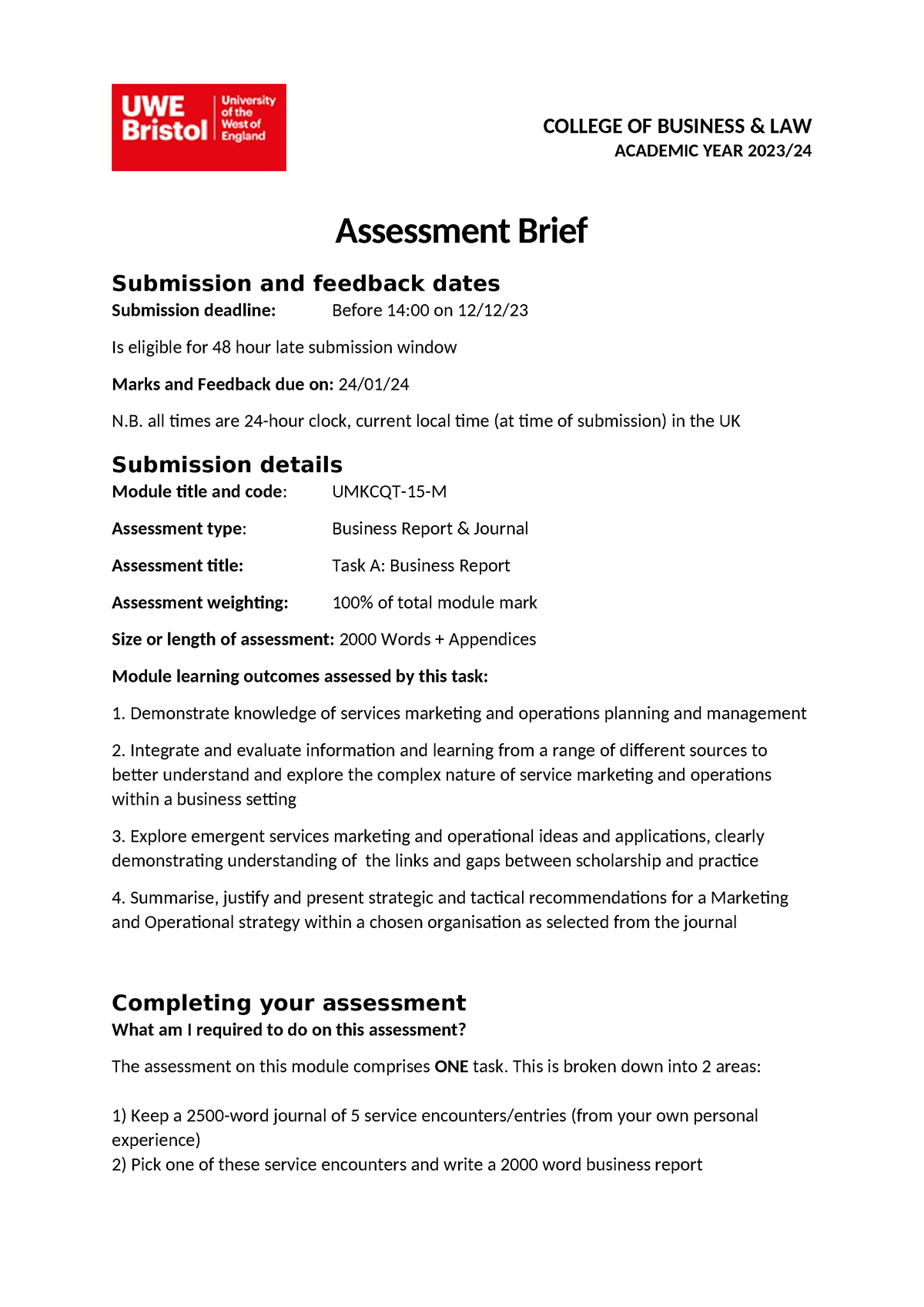 MCN Assessment Brief - COLLEGE OF BUSINESS & LAW ACADEMIC YEAR 2023 ...